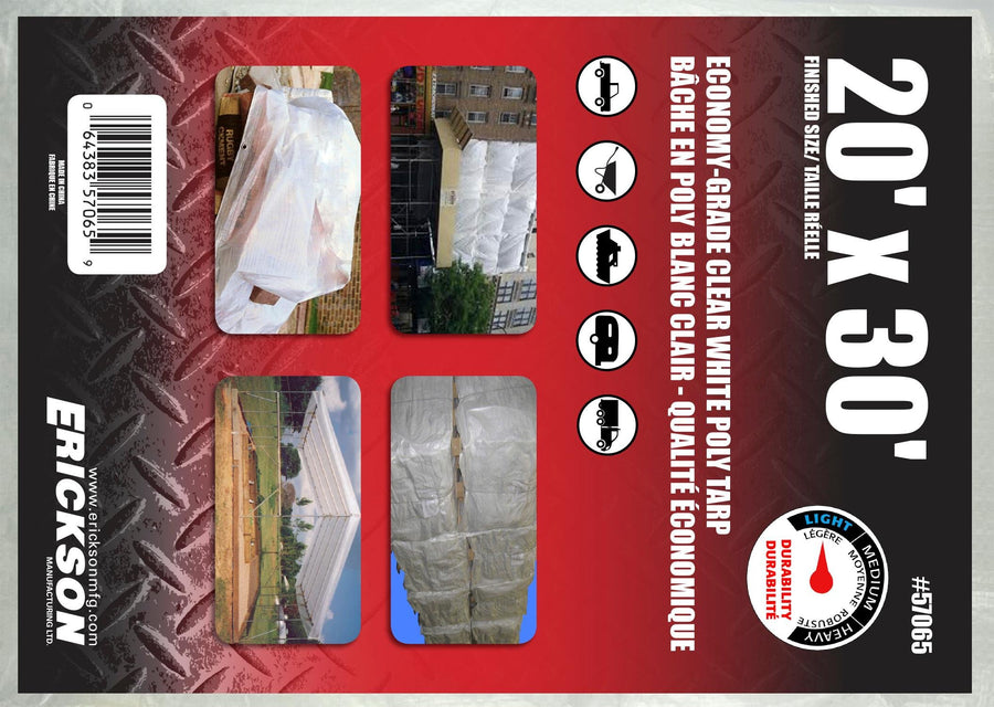 Clear White Economy Grade Poly Tarp Erickson, 20' x 30', 1 Pack