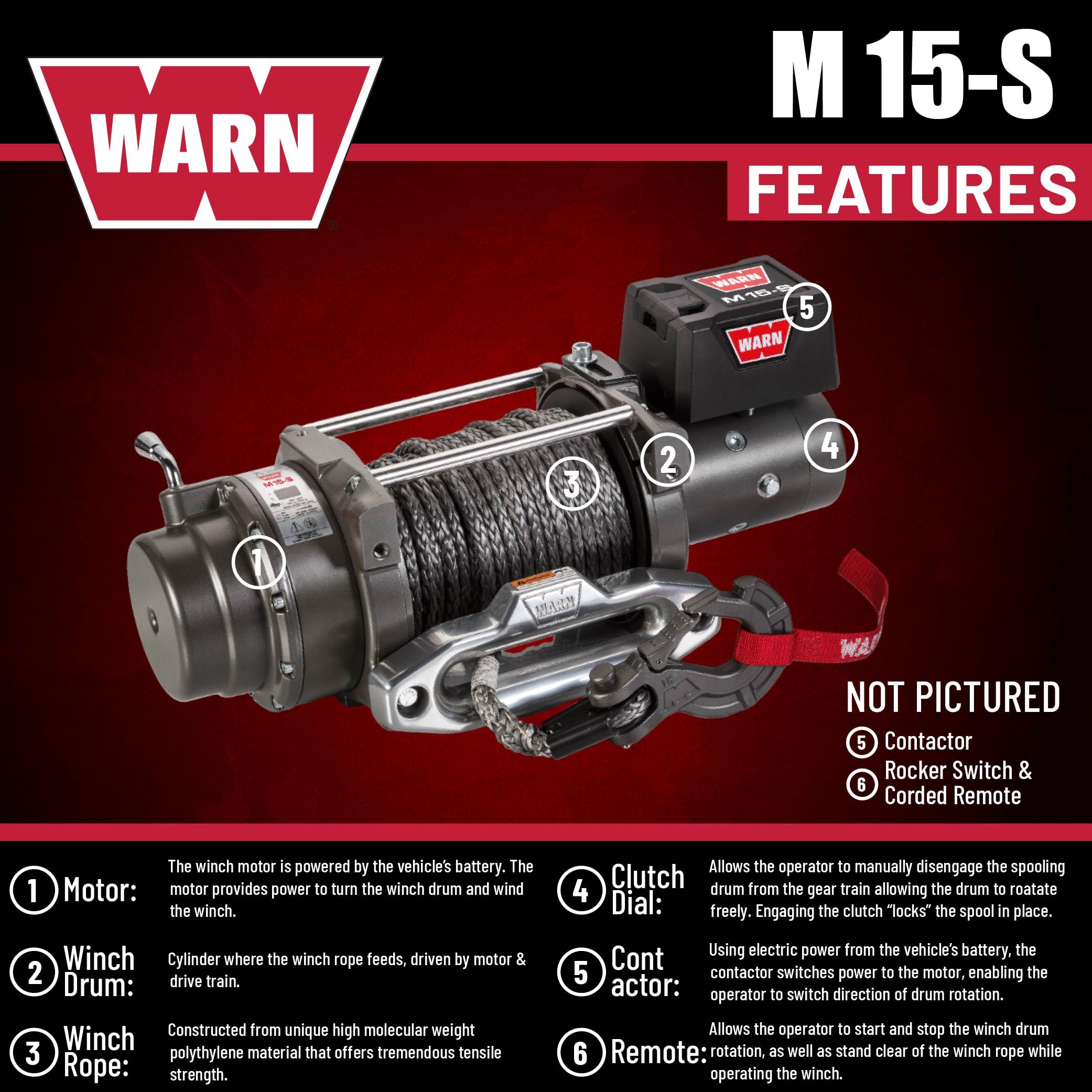 M15-S WARN Electric 12V Heavyweight Winch – 15,000 lb Pulling Capacity, Synthetic Rope, Sealed Motor, IP68 Waterproof, All-Metal Gear Train for Off-Road & Industrial Recovery
