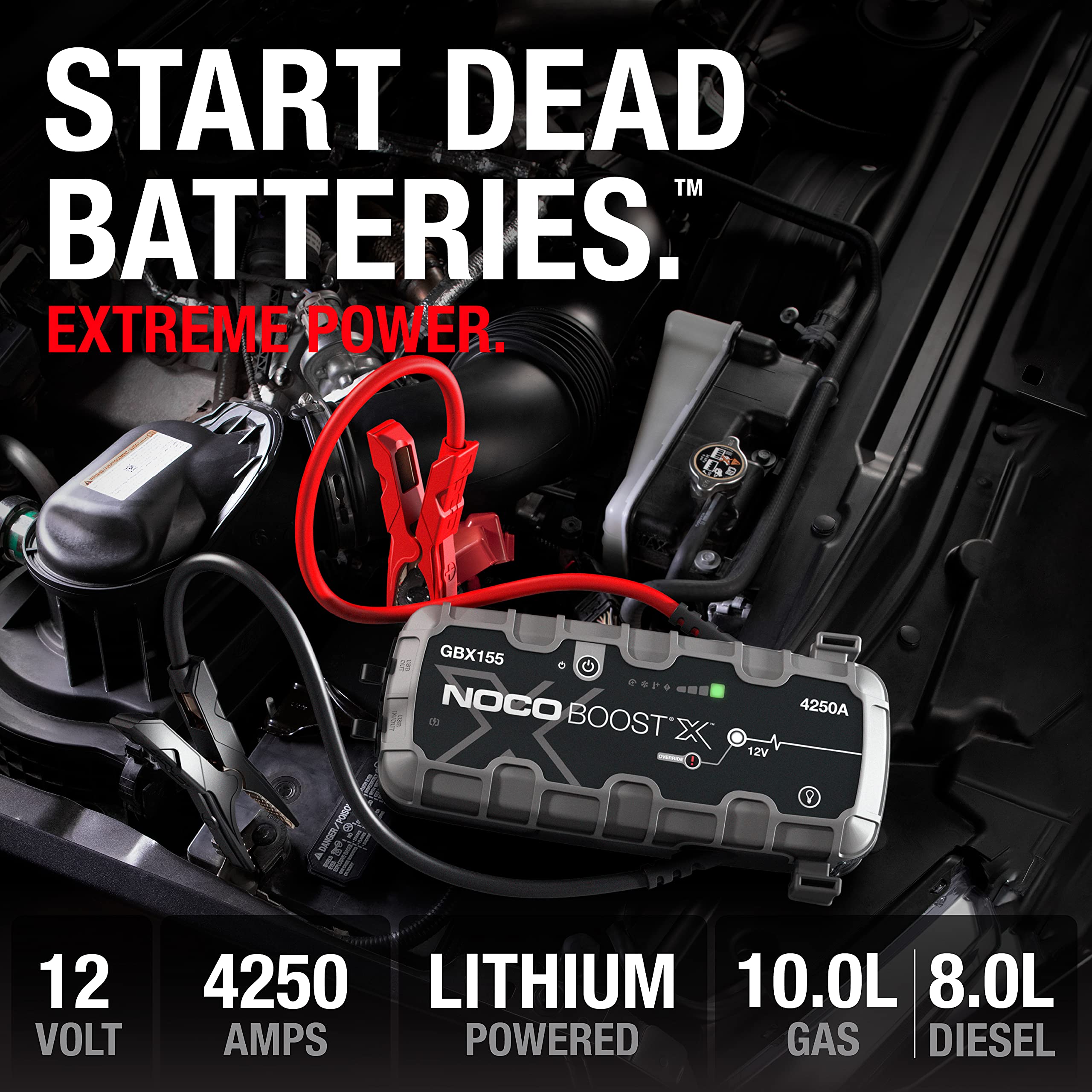 NOCO GBX155 Boost X: 4250A UltraSafe Jump Starter – 12V Lithium Battery Booster Pack, Portable Jump Box, Power Bank & Jumper Cables - for 10.0L Gas and 8.0L Diesel Engines