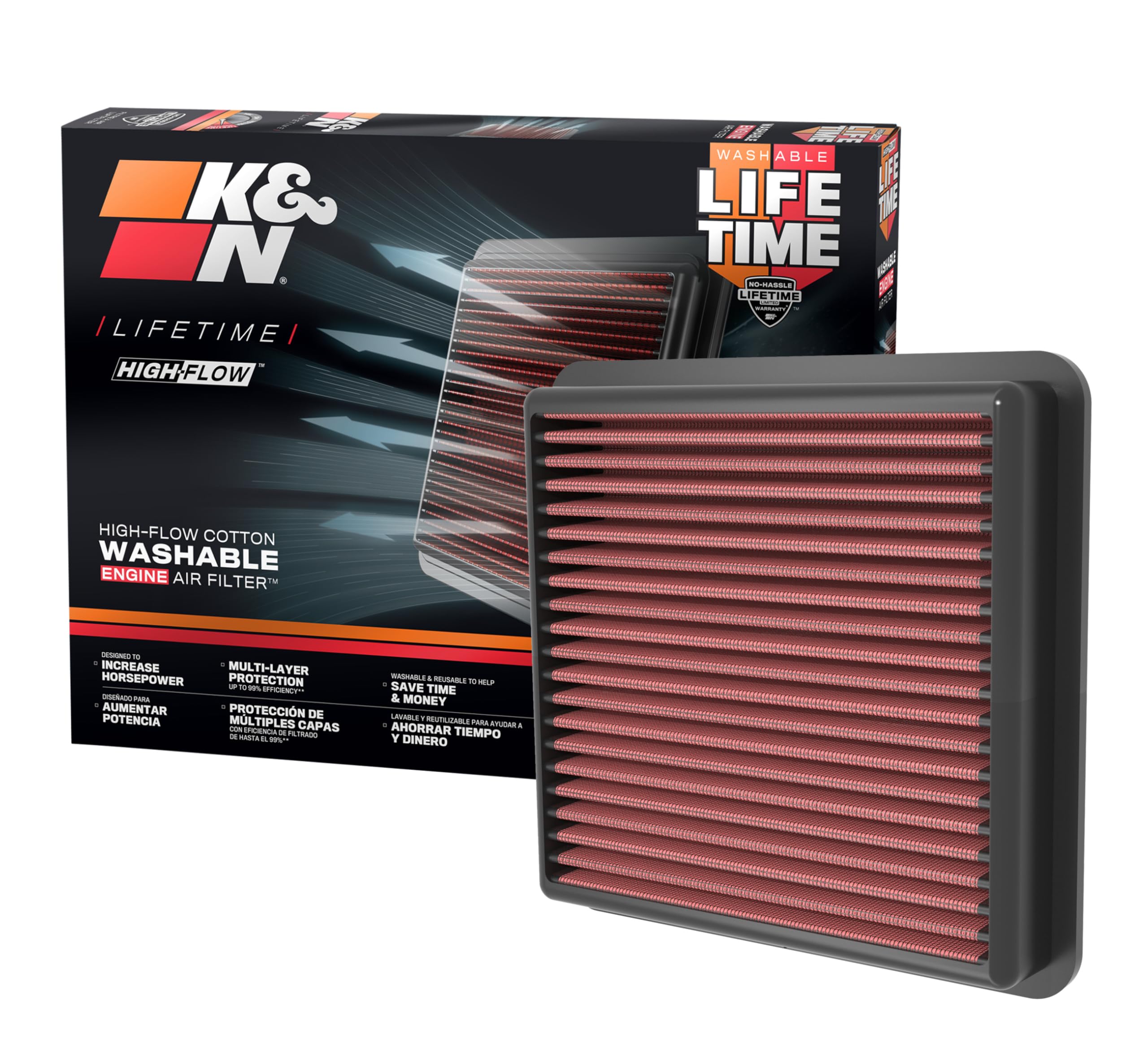 High-Flow K&N Original Lifetime Engine Air Filter: Increase Power: Premium, Washable: Compatible with 2020-2025 Hyundai/Kia: Elantra, i30, Kona, K4, 33-5118