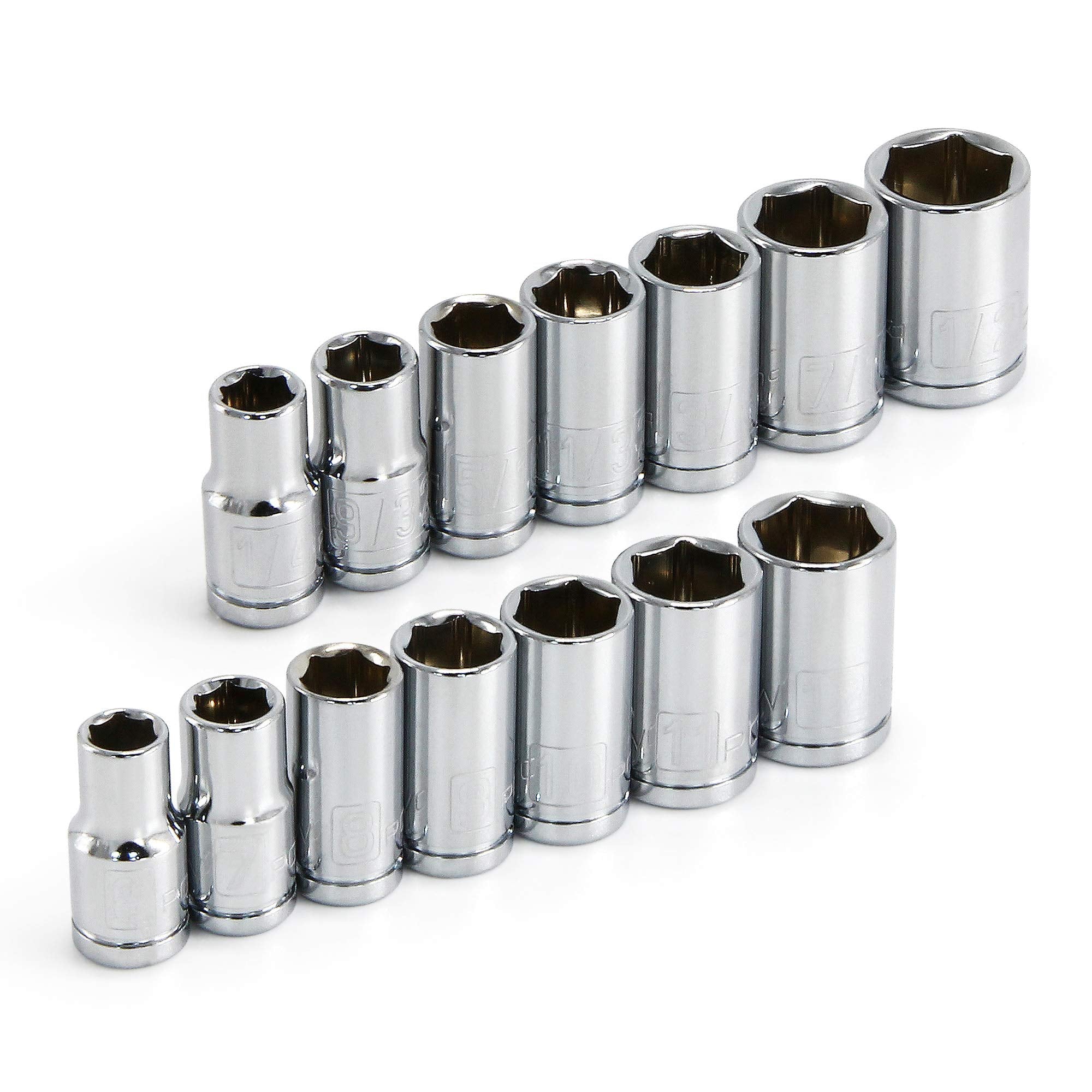 Powerbuilt 14 Piece Shallow Socket Set Metric and SAE, 1/4-Inch Drive, 6 Point, Dual Grease Rings, Size Markings - 640087