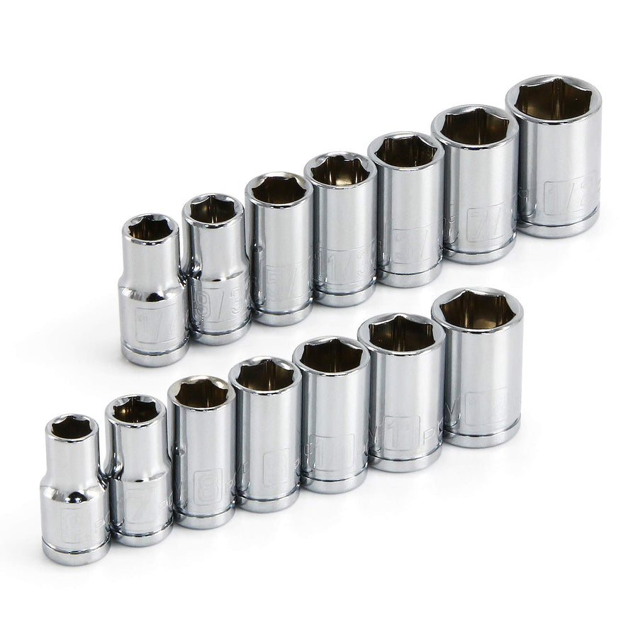 Powerbuilt 14 Piece Shallow Socket Set Metric and SAE, 1/4-Inch Drive, 6 Point, Dual Grease Rings, Size Markings - 640087