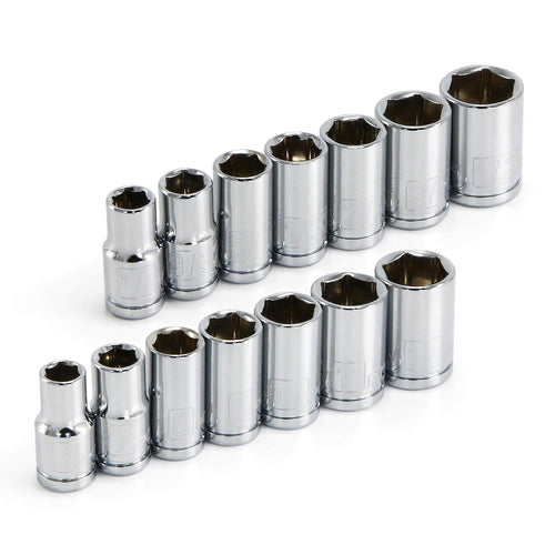 Powerbuilt 14 Piece Shallow Socket Set Metric and SAE, 1/4-Inch Drive, 6 Point, Dual Grease Rings, Size Markings - 640087