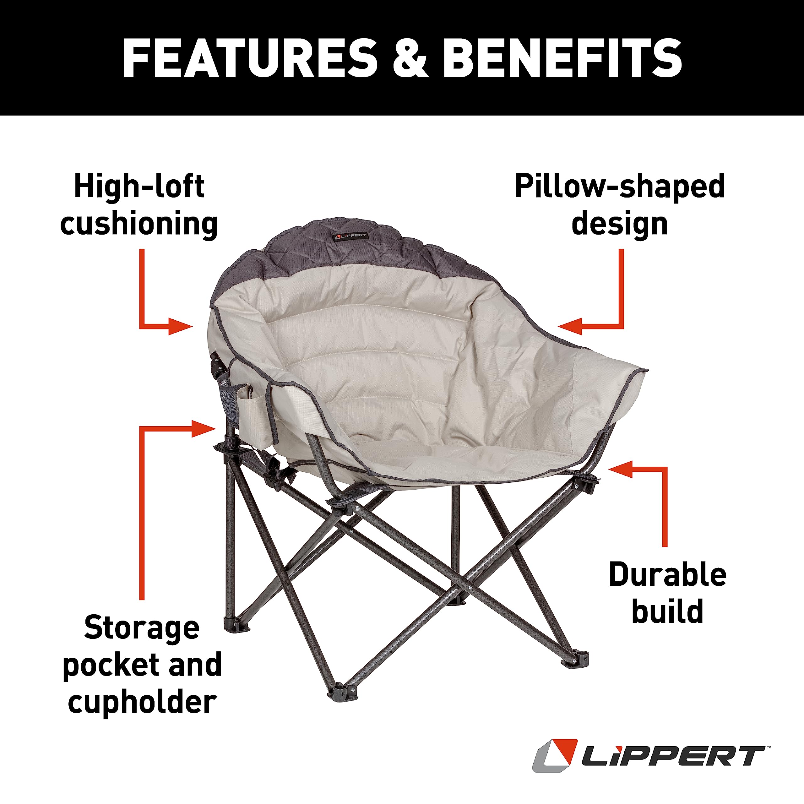 Lippert Duotone Big Bear Camping Chair - Sand with Dark Grey Accent, Comfortable Round Shape, Oversized Pillow Cushions, Powder Coated Steel, 600D Polyester Fabric, 300 lb. Capacity, 2022114816
