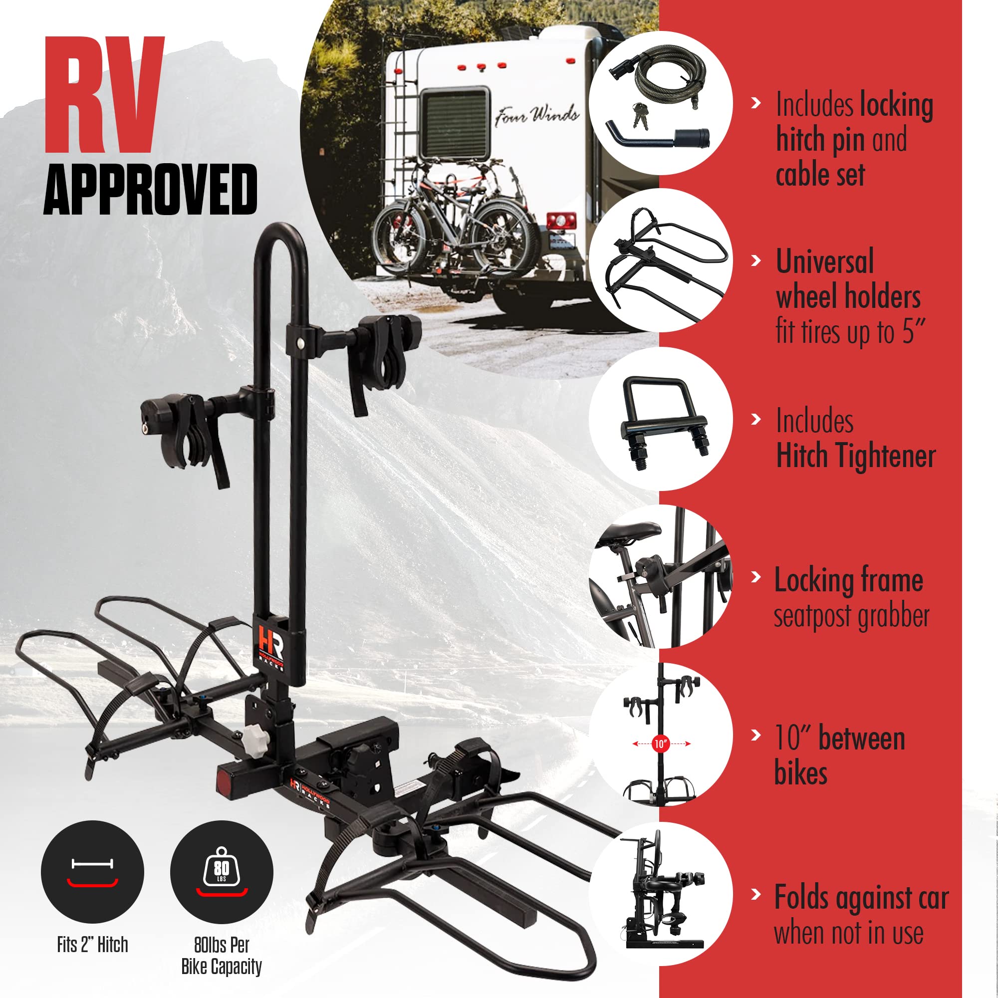 RV Rider Hollywood Hitch Bike Rack for 2 E-Bikes up to 80 lbs Each - Premium Electric Bike Rack for RV, Fifth Wheel, Flat Towed Vehicle - Durable for Standard and Fat Tire Bikes