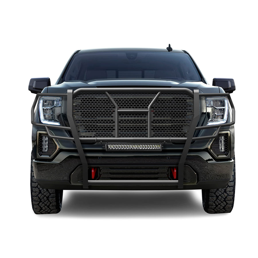 Heavy Duty Black Horse Rugged Grille Brush Bumper Guard Modular Black Come with Single Row LED Light Compatible with 2019-2021 GMC Sierra 1500-RU-GMSI19-B-K2