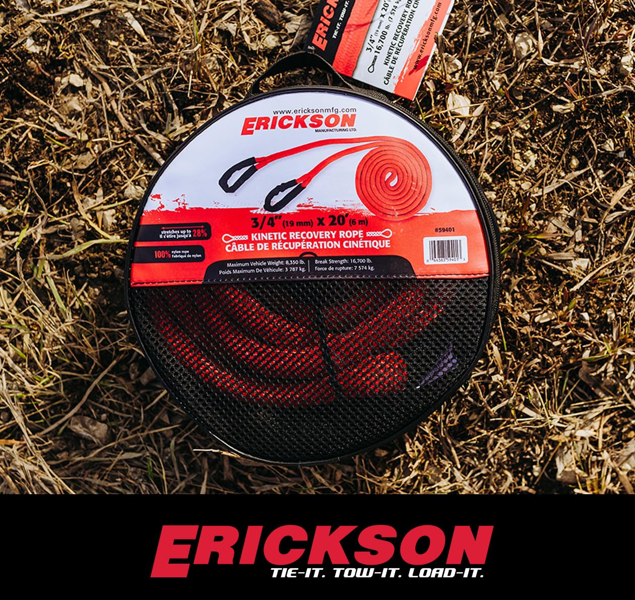 Kinetic Rope ERICKSON 59401, 3/4 inch x 20 ft, 16,700 lb Breaking Strength, Red