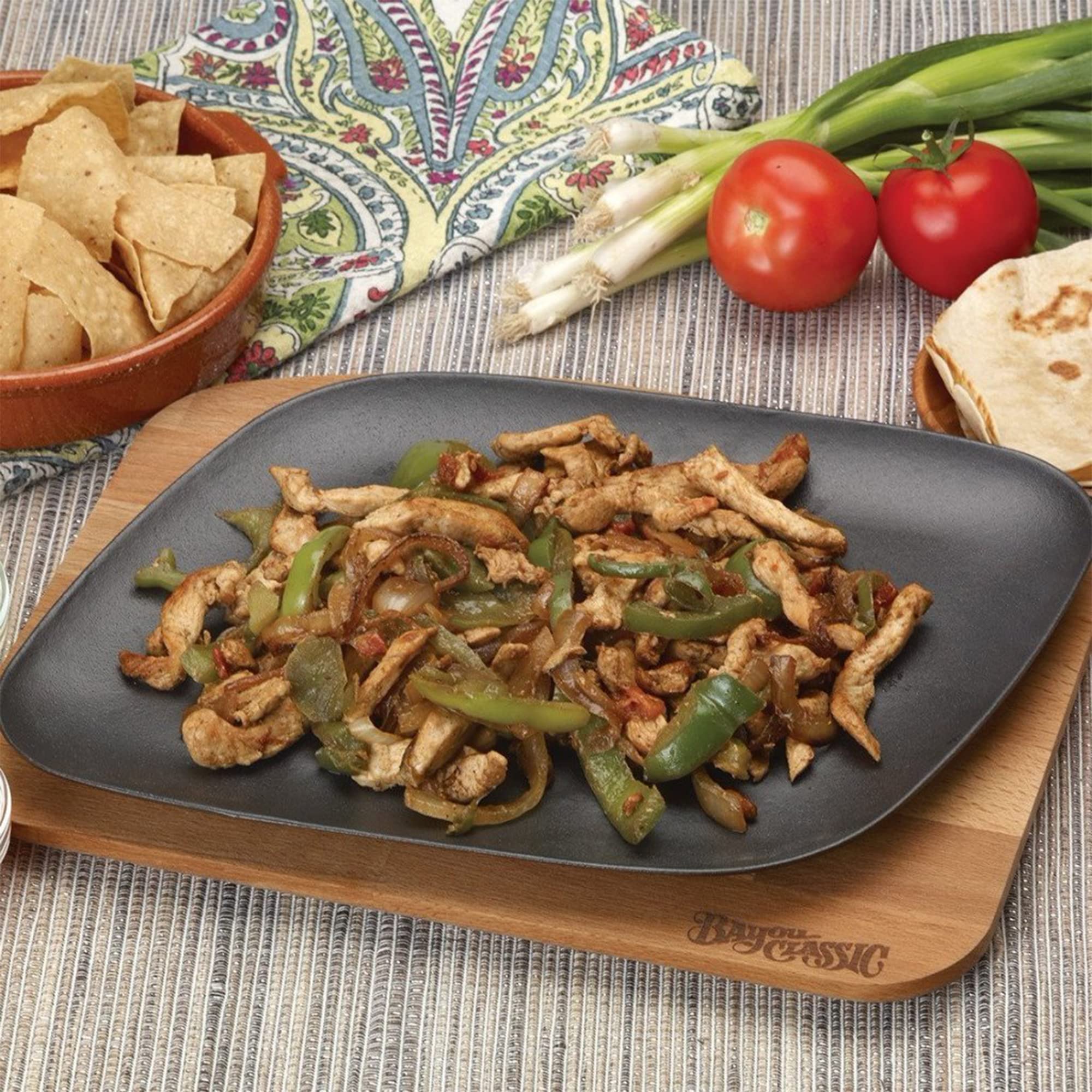 Bayou Classic Black Enameled Cast Iron 7780B Fajita Pan Features Wooden Trivet 12-in Length Perfect For Skirt Steak Chicken Veggie Fajitas and More