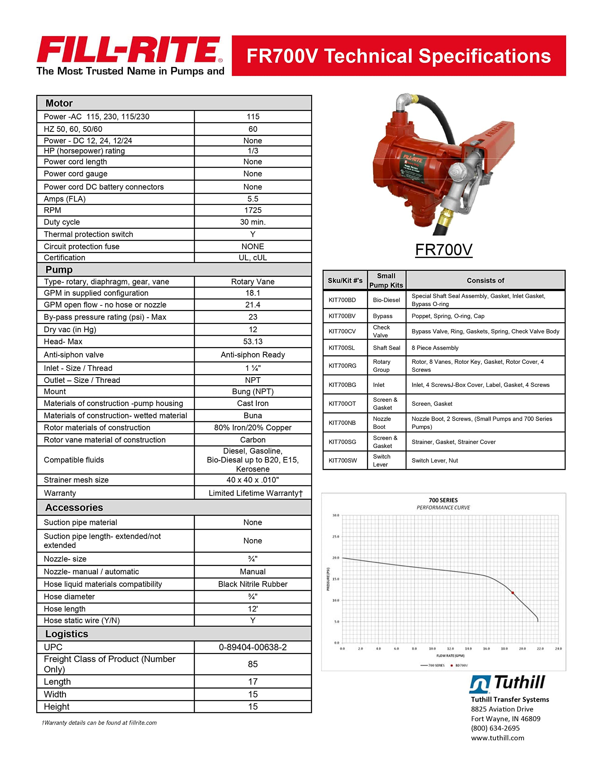 Fill-Rite 115V FR700V Fuel Transfer Pump with Discharge Hose & Manual Nozzle | For Gasoline, Diesel, Kerosene, Ethanol Blends, Methanol Blends & Biodiesel up to B20