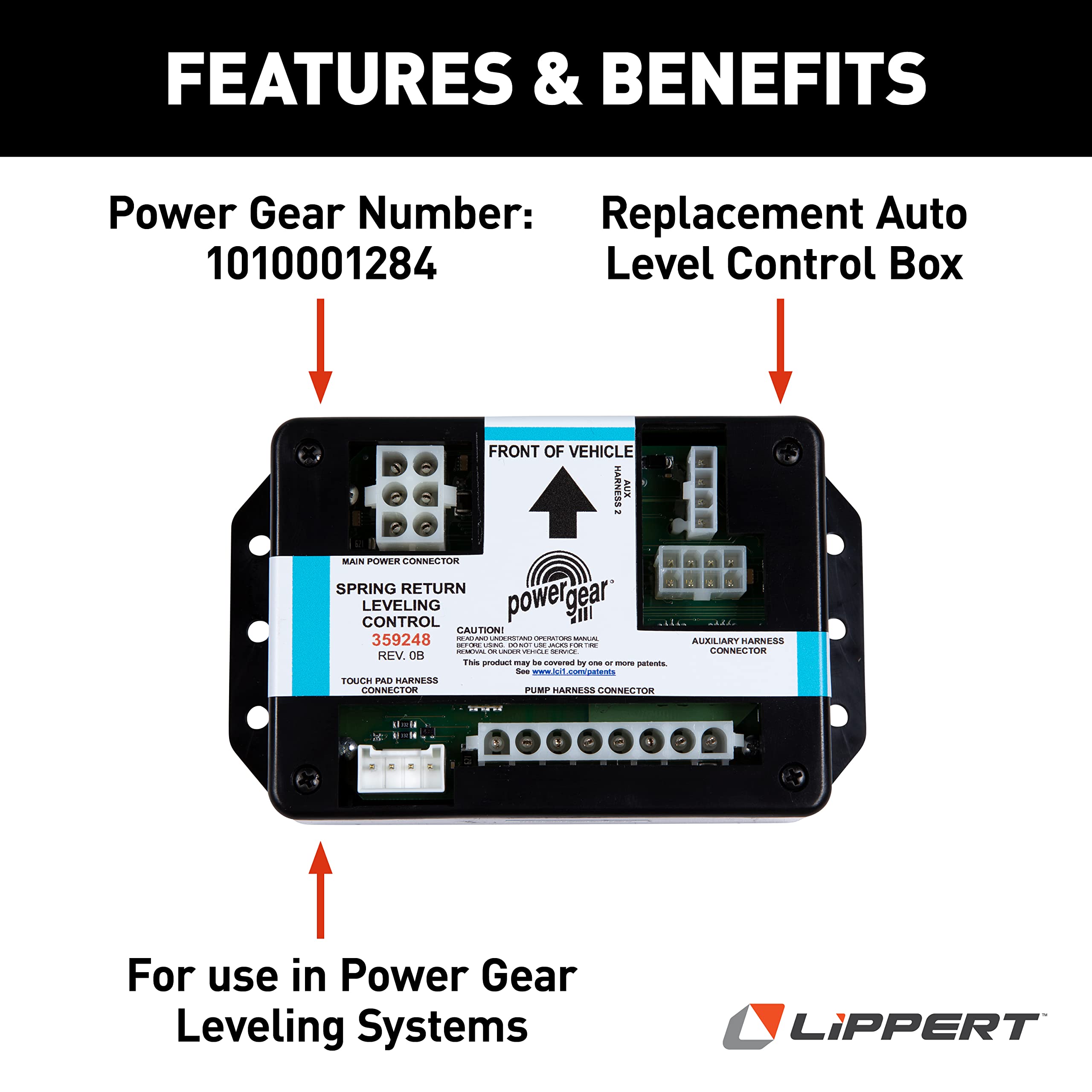Lippert RV Leveling Control Module for 3-Valve Spring Return Jack with Remote Level, Connects to Complete System, Touch Pad and Auxiliary Harness Connector - 1010001284 Power Gear