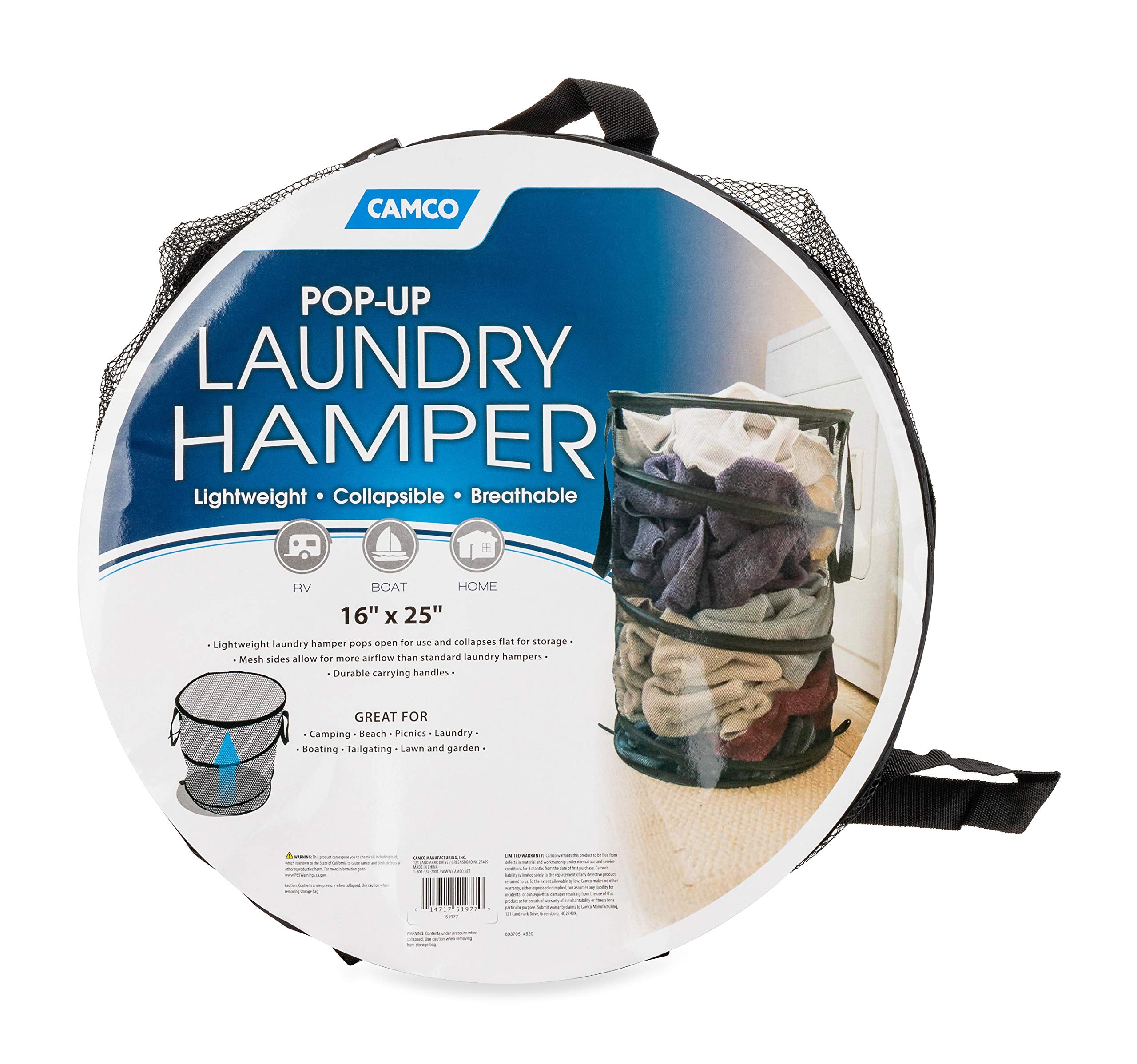Camco Mesh Pop Collapsible Hamper Basket with Handles-Easy to Store and Clean, Perfect for Travel, Dorms, and More, Minimizes Moisture Caused Laundry Odors-Black (51977)