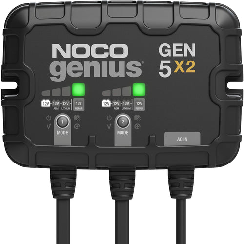 GEN5X2 NOCO Genius: 2-Bank, 10A Onboard Battery Charger - 5A Per Bank, 12V Waterproof Marine Charger with Overcharge Protection & Temperature Compensation – for Lead-Acid & Lithium Batteries