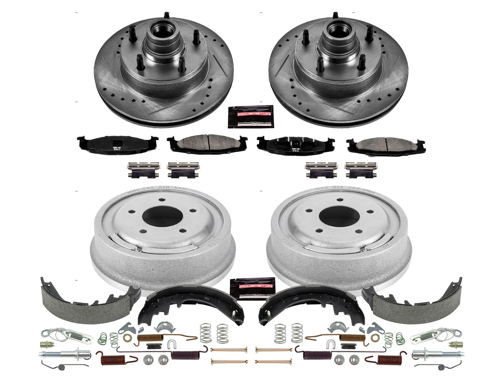 Power Stop K15170DK Z23 Carbon Fiber Brake Pads Front and Rear with Drilled & Slotted Brake Drums Kit