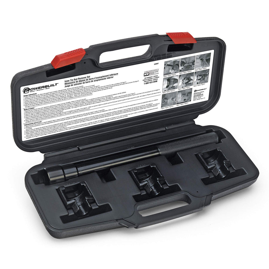 Powerbuilt Tie Rod Inner Remover Tool Kit – Fits Ford, GM, Chrysler Rack, and Pinion – Includes 1-5/16", 1-3/16", 1-7/16" Socket Adapters, Extension Bar, and Case – 648607