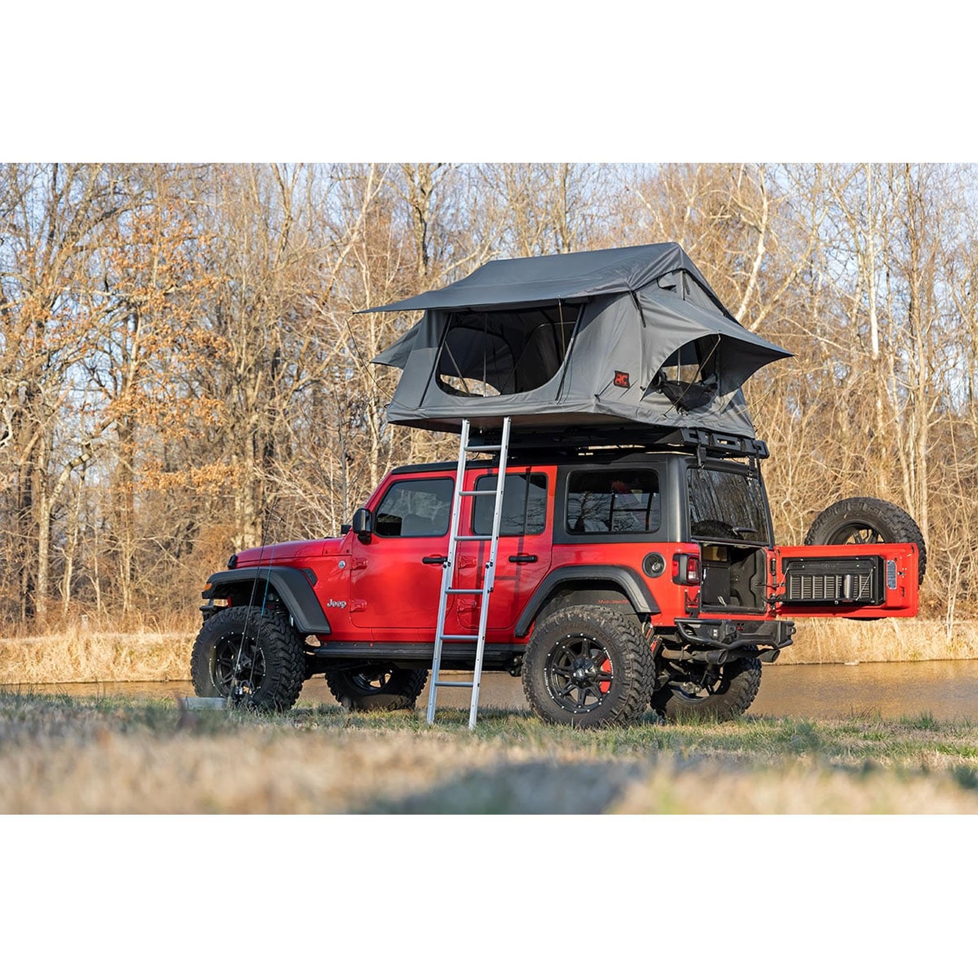 Rough Country Roof Top Tent Mount Rack with Ladder Extension & LED Light Kit, 12V Accessory