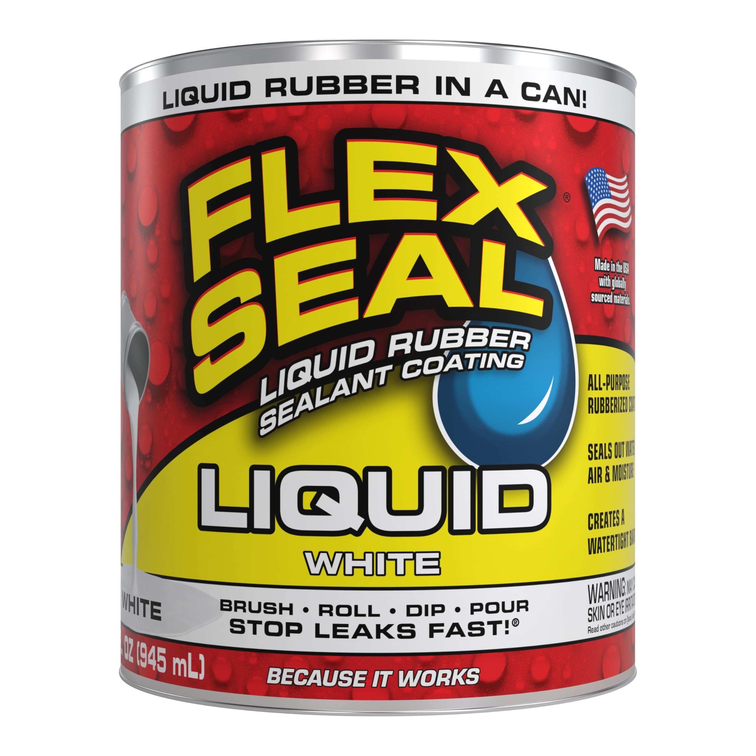 Flex Seal Liquid, Waterproof Rubber Coating Sealant, Flexible, Breathable, and UV Resistant, Roof Repair, Basements, RV, Campers, Trailers, Marine, EPDM, Masonry, White, 32 oz