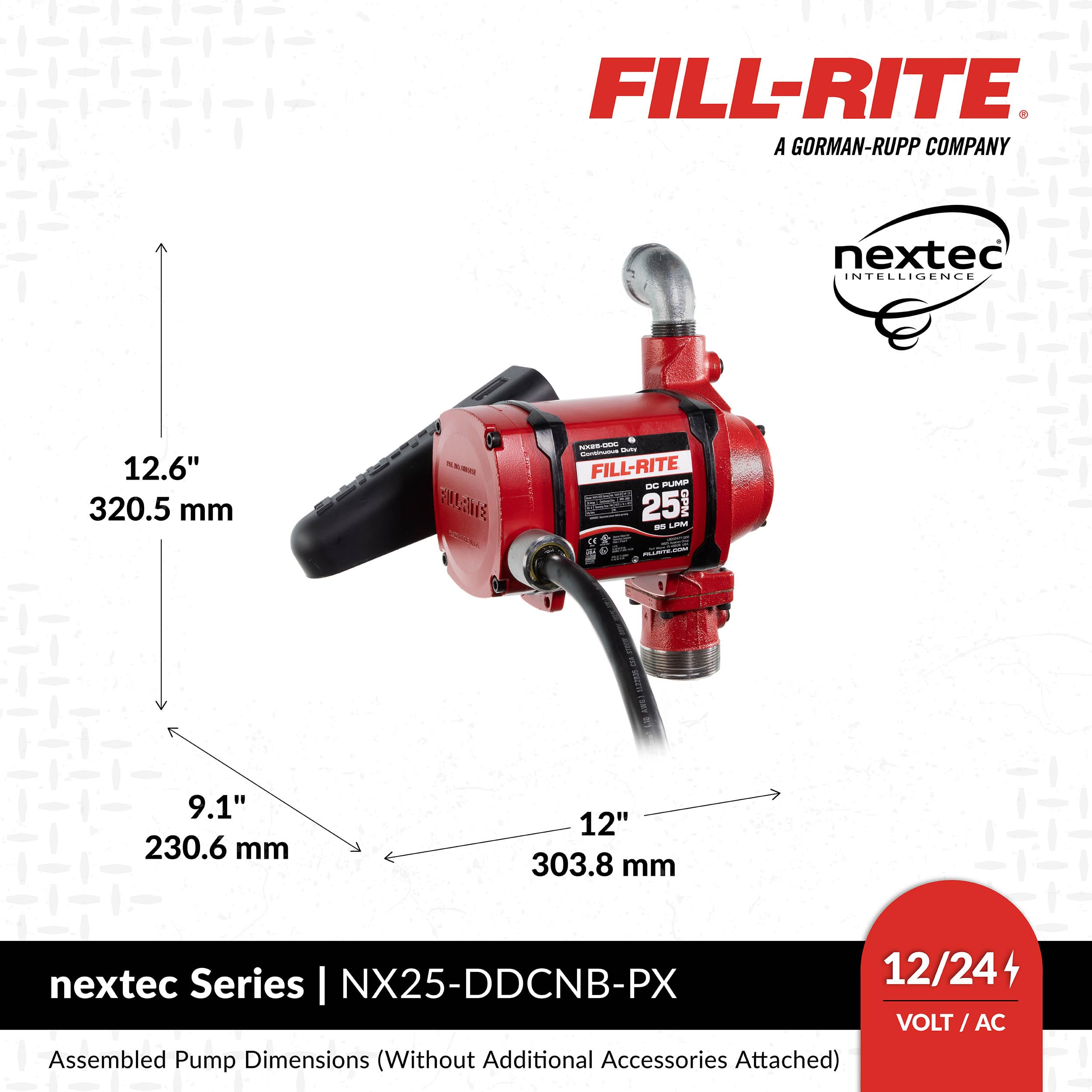 25 GPM Fuel Transfer Pump Fill-Rite 12/24V DC - Energy-Efficient Pump for non stop Operation - Pump Only - NX25-DDCNB-PX