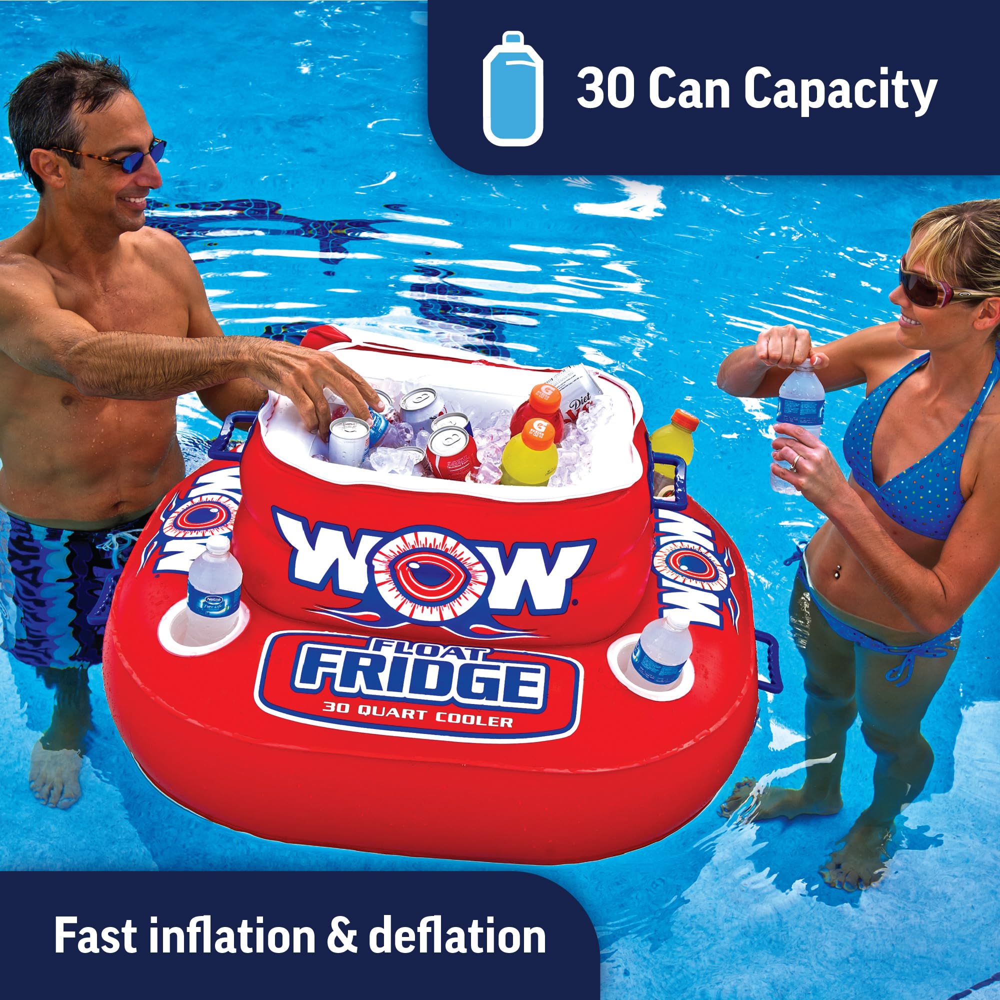 Inflatable Float Fridge - WOW Sports Cooler For Pools, Lakes, & Oceans - 4 Cup Holders & Zippered Lid