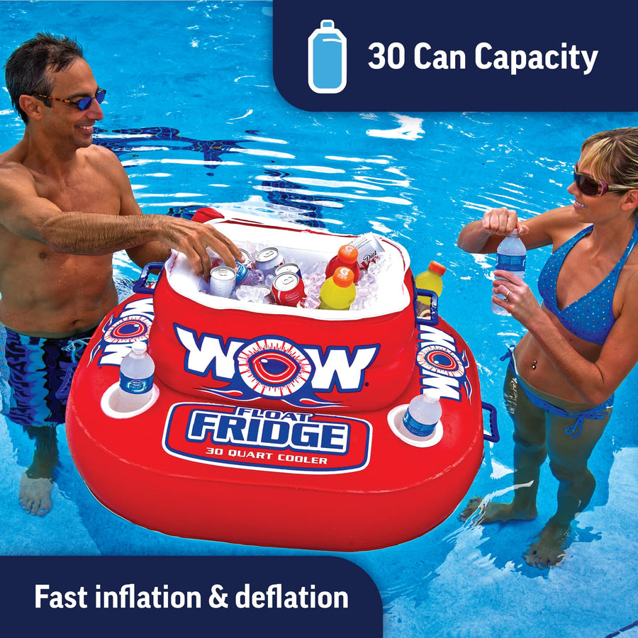 Inflatable Float Fridge - WOW Sports Cooler For Pools, Lakes, & Oceans - 4 Cup Holders & Zippered Lid