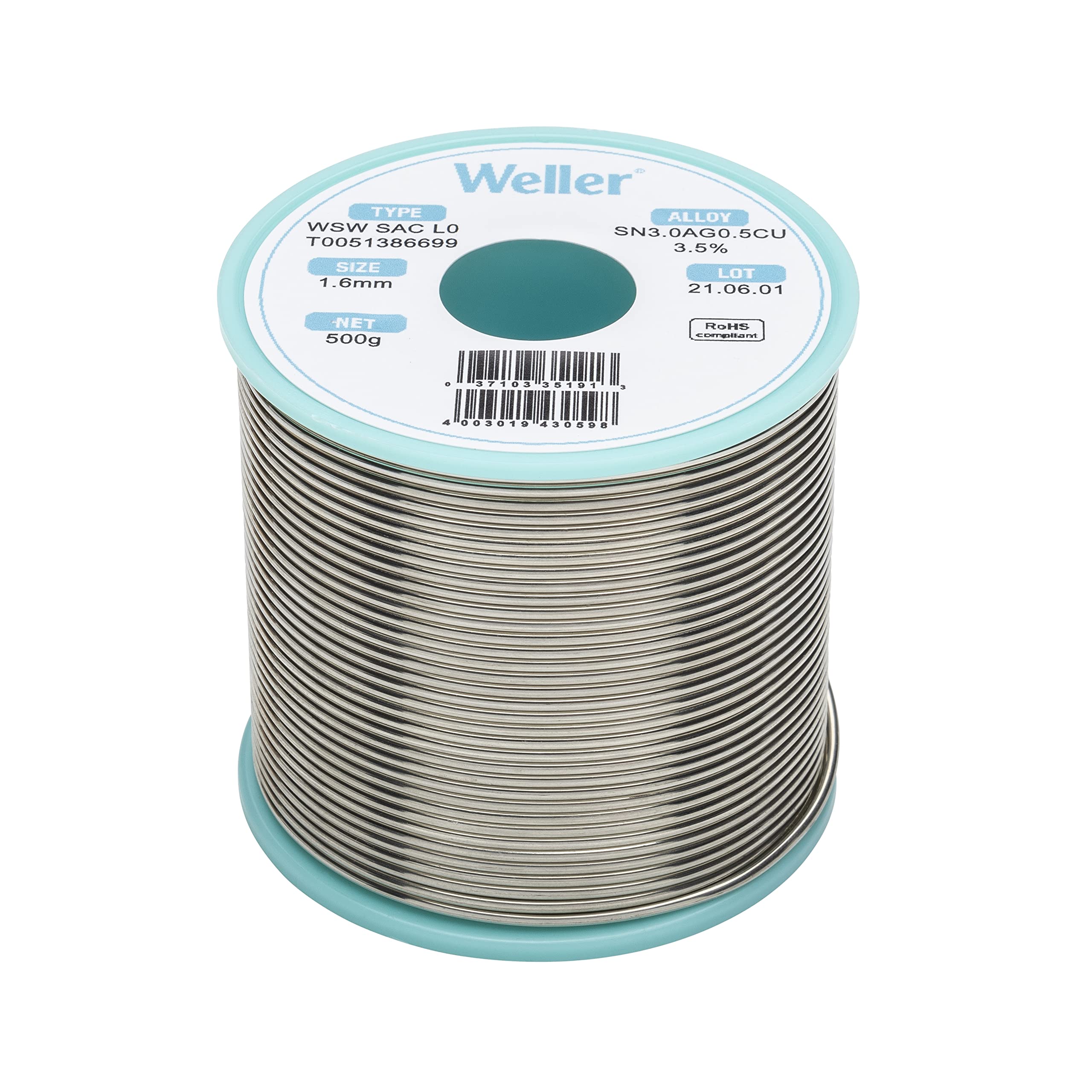Weller Lead Free Solder Wire WSW SAC M1 (T0051386699), Dia: 1.6 mm / 0.063 in, Wt: 500 g / 17.637 oz, Alloy Sn96.5Ag3.0Cu0.5, Flux content 3.5%