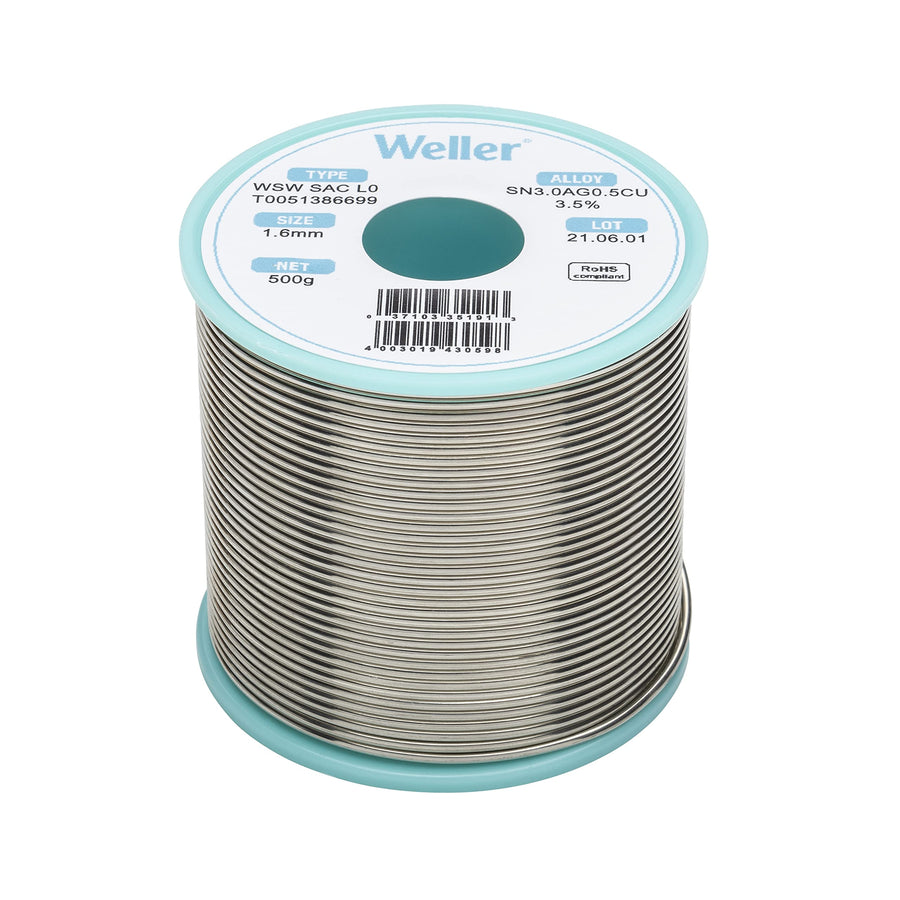 Weller Lead Free Solder Wire WSW SAC M1 (T0051386699), Dia: 1.6 mm / 0.063 in, Wt: 500 g / 17.637 oz, Alloy Sn96.5Ag3.0Cu0.5, Flux content 3.5%
