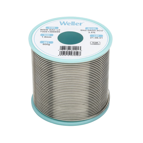 Weller Lead Free Solder Wire WSW SAC M1 (T0051386699), Dia: 1.6 mm / 0.063 in, Wt: 500 g / 17.637 oz, Alloy Sn96.5Ag3.0Cu0.5, Flux content 3.5%