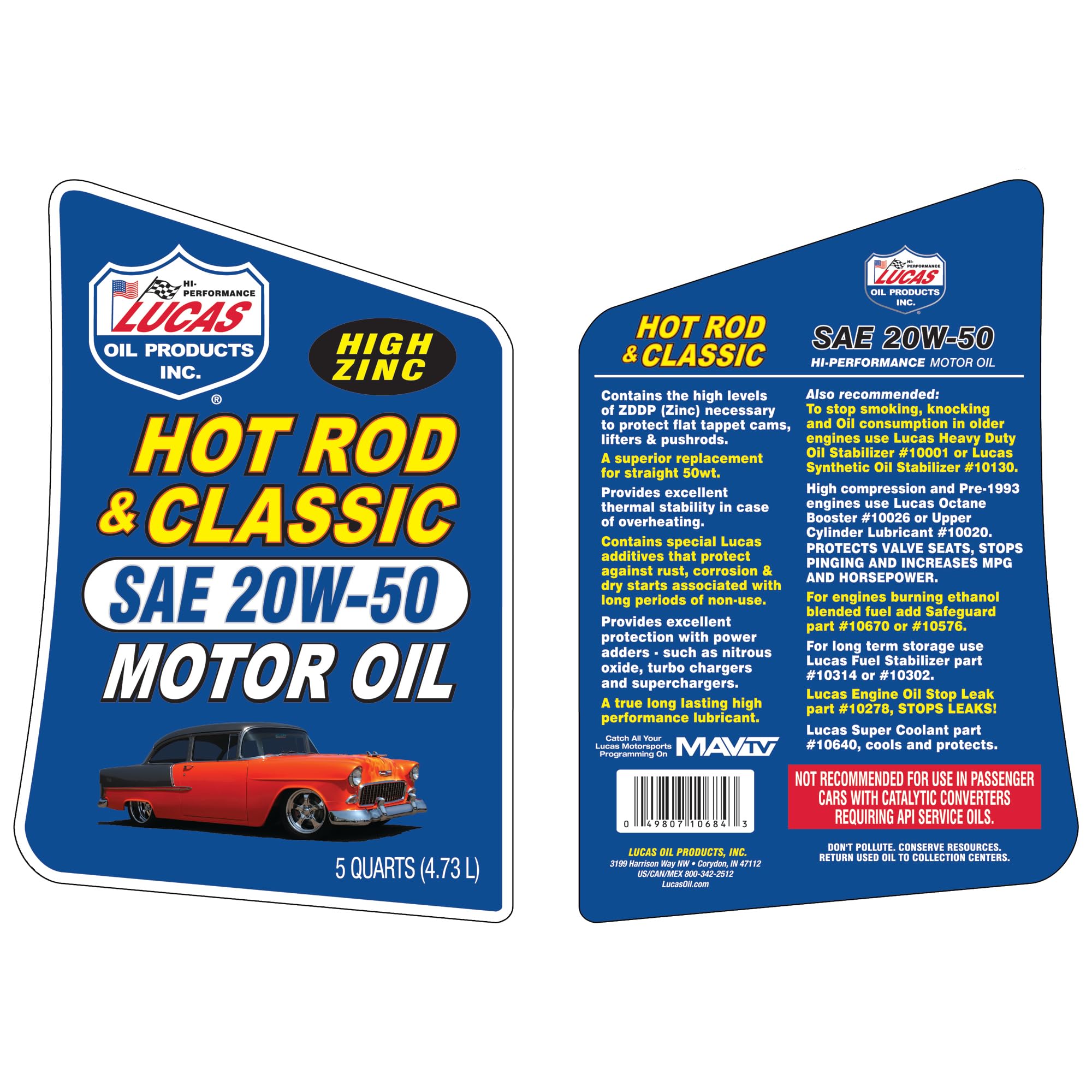 Lucas Oil 10684 SAE 20W-50 Hot Rod & Classic Car HP Motor Oil - 5 Quart