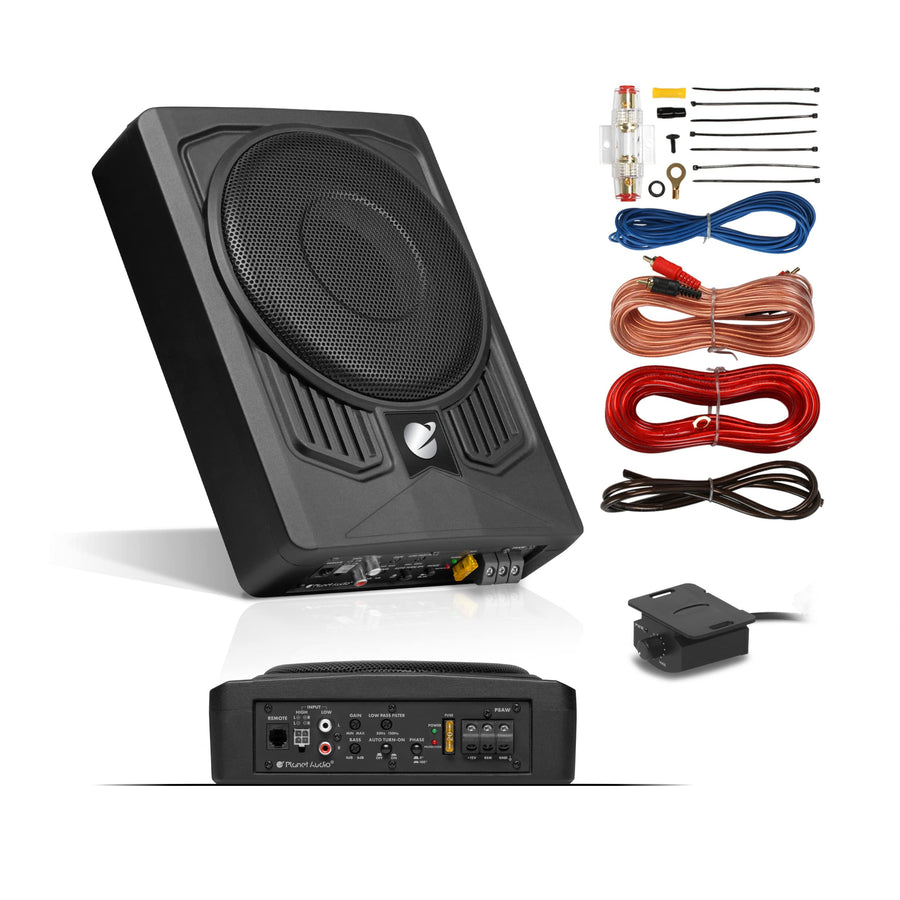 Planet Audio Low Profile P8AWK 8 Inch Under Seat Powered Car Subwoofer - 800 High Output, Built-in Amplifier, for Truck, Boxes and Enclosures, Remote Subwoofer Control
