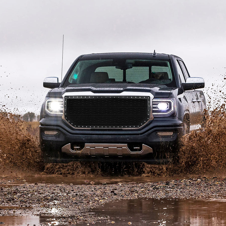 Front Mesh Black Spec-D Tuning Hood Grille Insert Rivet Style 1PC Compatible with 2016-2018 GMC Sierra 1500