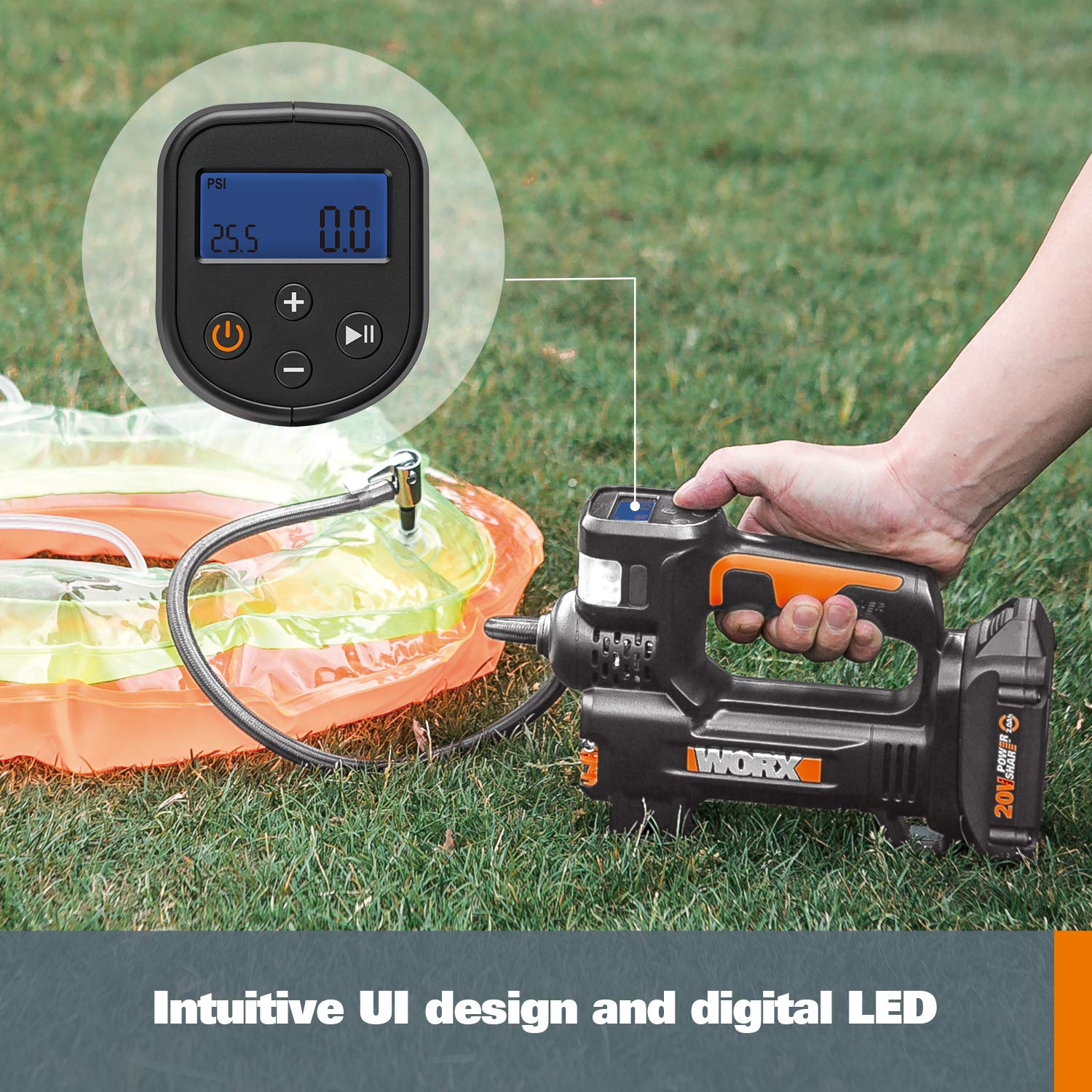 Worx 20V WX092L 2.0Ah 2 in 1 Cordless Inflator Battery and Charger Included, max. 10 Bar, Digital pressure display