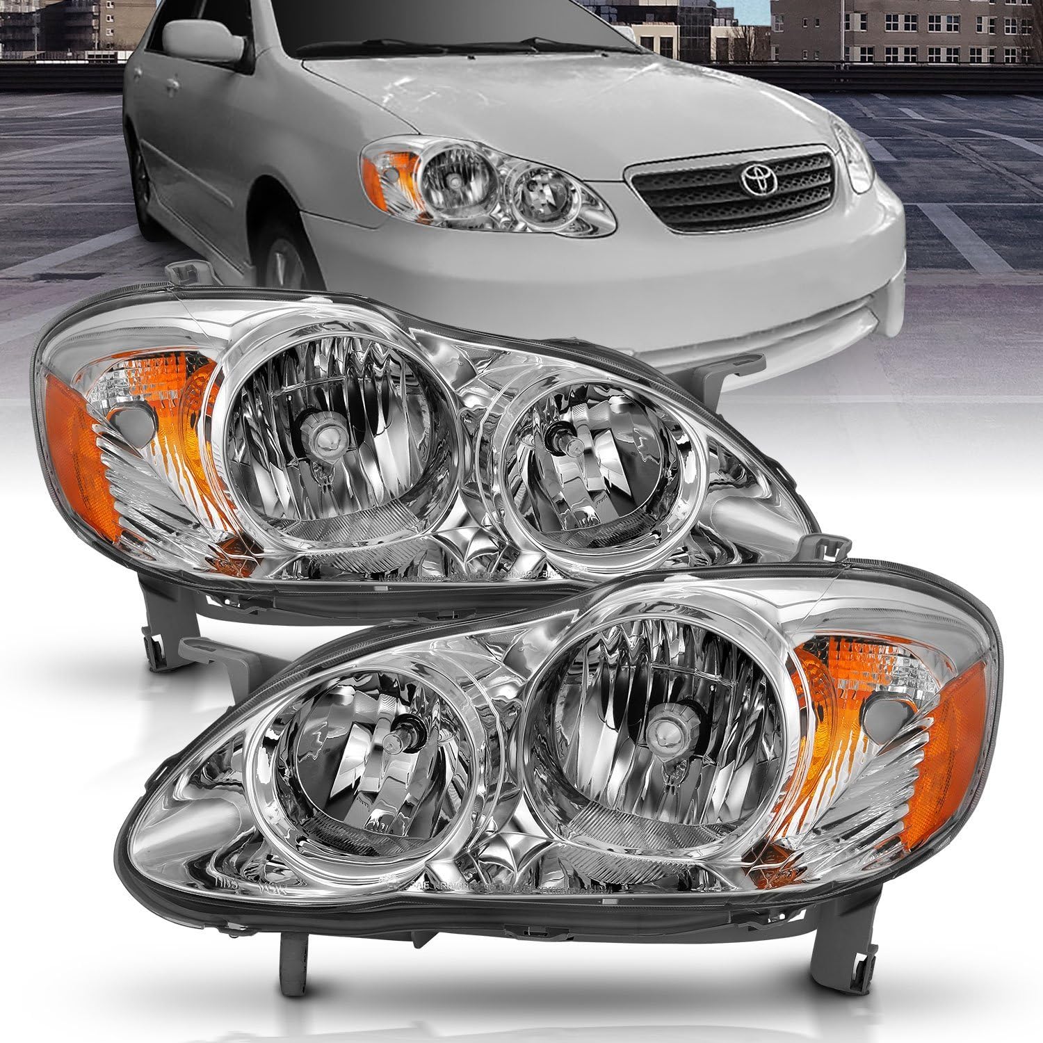 Chrome Amber ANZO Compatible Replacement Headlight for Toyota Corolla Crystal (121540) 2005-2008