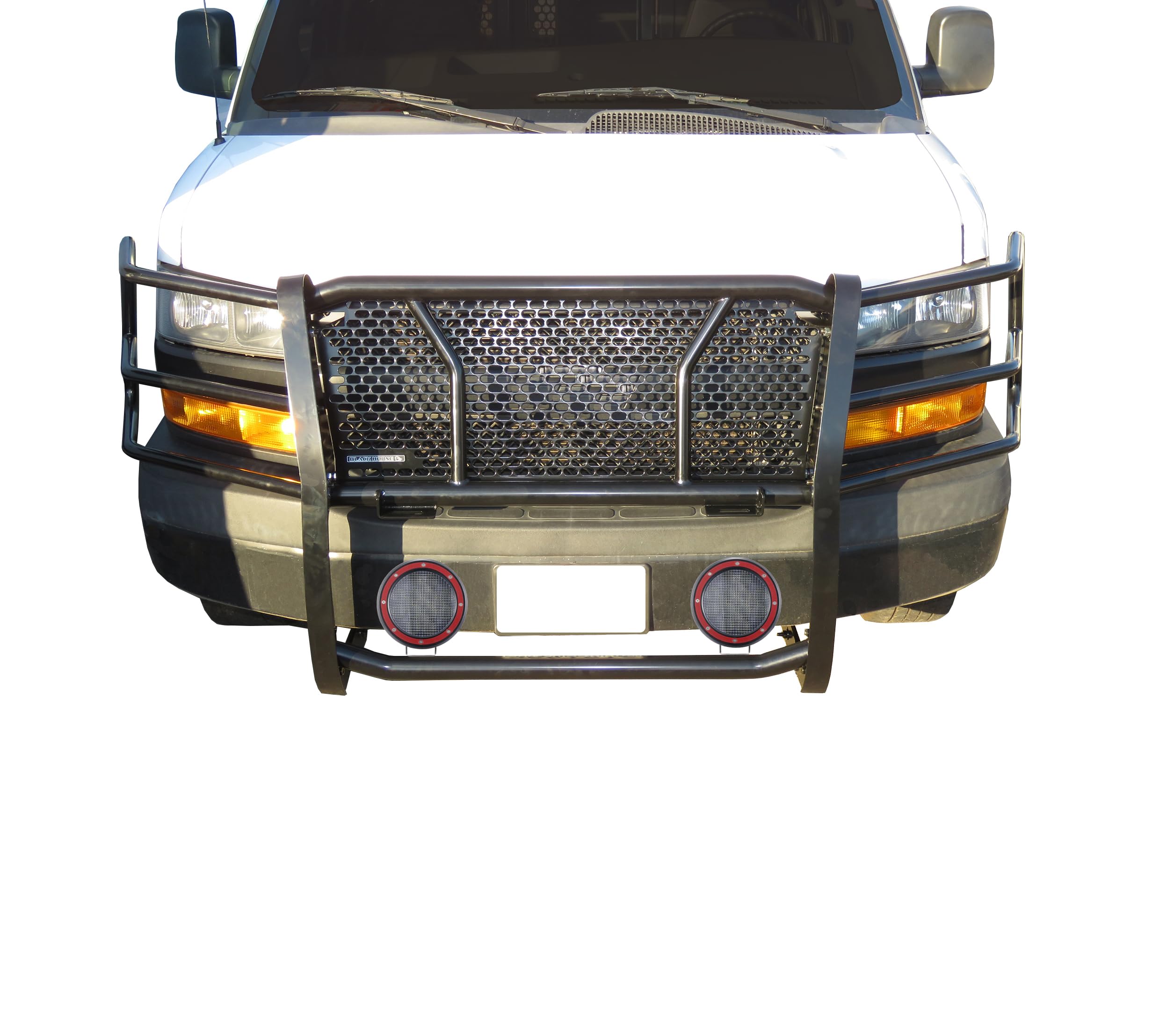 RUGGED HD Black Horse Grille Brush Bumper Guard Modular Come W/ Pair of 5.3"LED Light Compatible with 03-14 Express 1500|03-24 Express 2500/3500|09-24 Express 4500/Express Cargo-RU-GV02MA-B-PLFR
