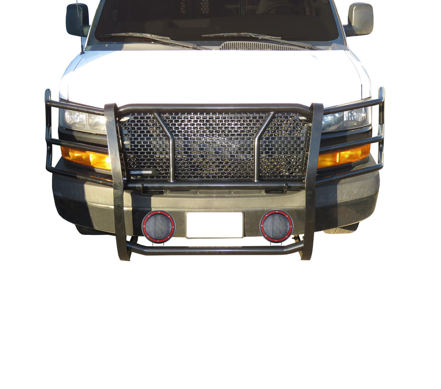 RUGGED HD Black Horse Grille Brush Bumper Guard Modular Come W/ Pair of 5.3"LED Light Compatible with 03-14 Express 1500|03-24 Express 2500/3500|09-24 Express 4500/Express Cargo-RU-GV02MA-B-PLFR