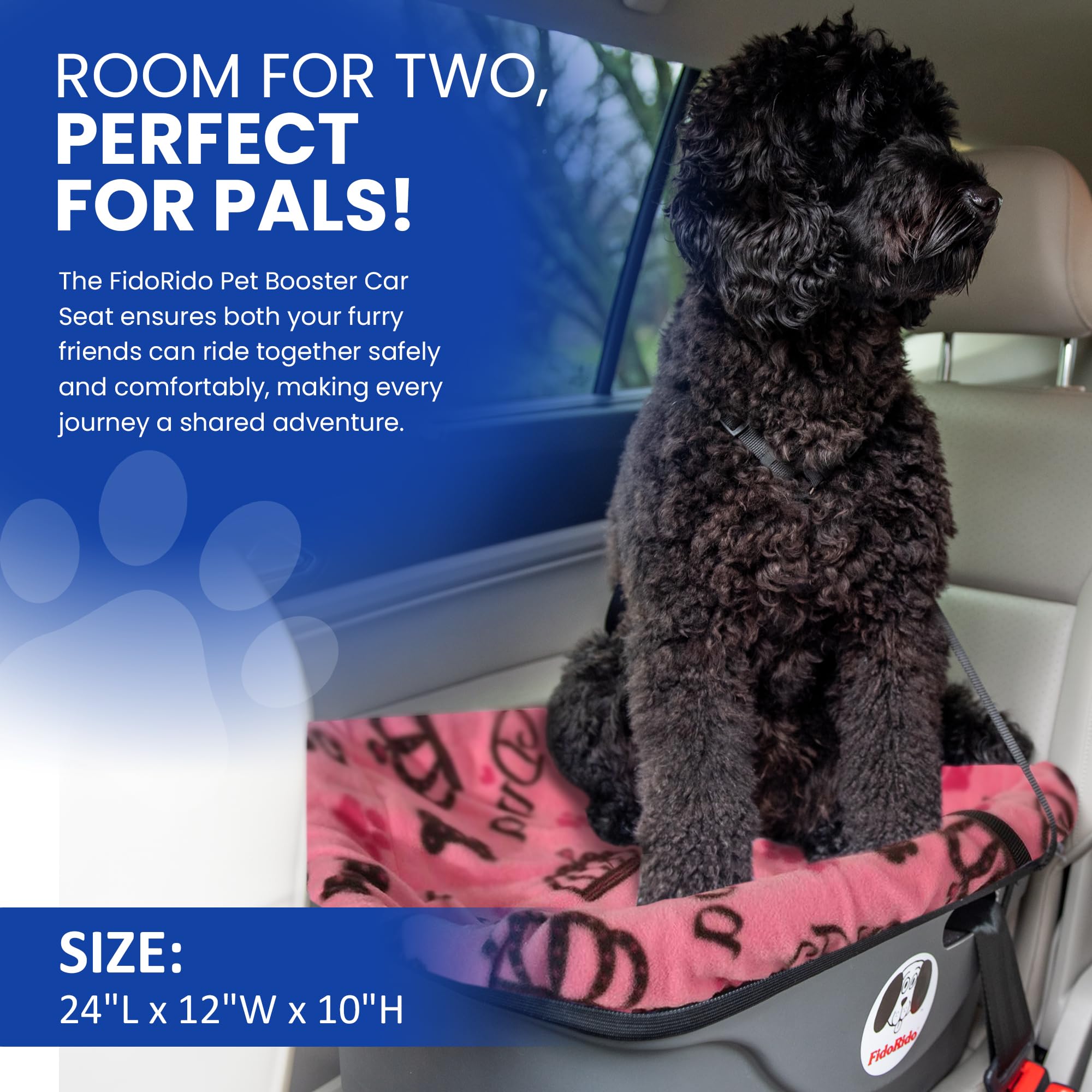 Dog Car Seat FidoRido - Booster Seat for Small to Medium Dogs with Comfortable Cushions, Sherpa Cover, and Safety Straps, Easy to Install, Ideal for Travel, Pink Diva - Medium Harness
