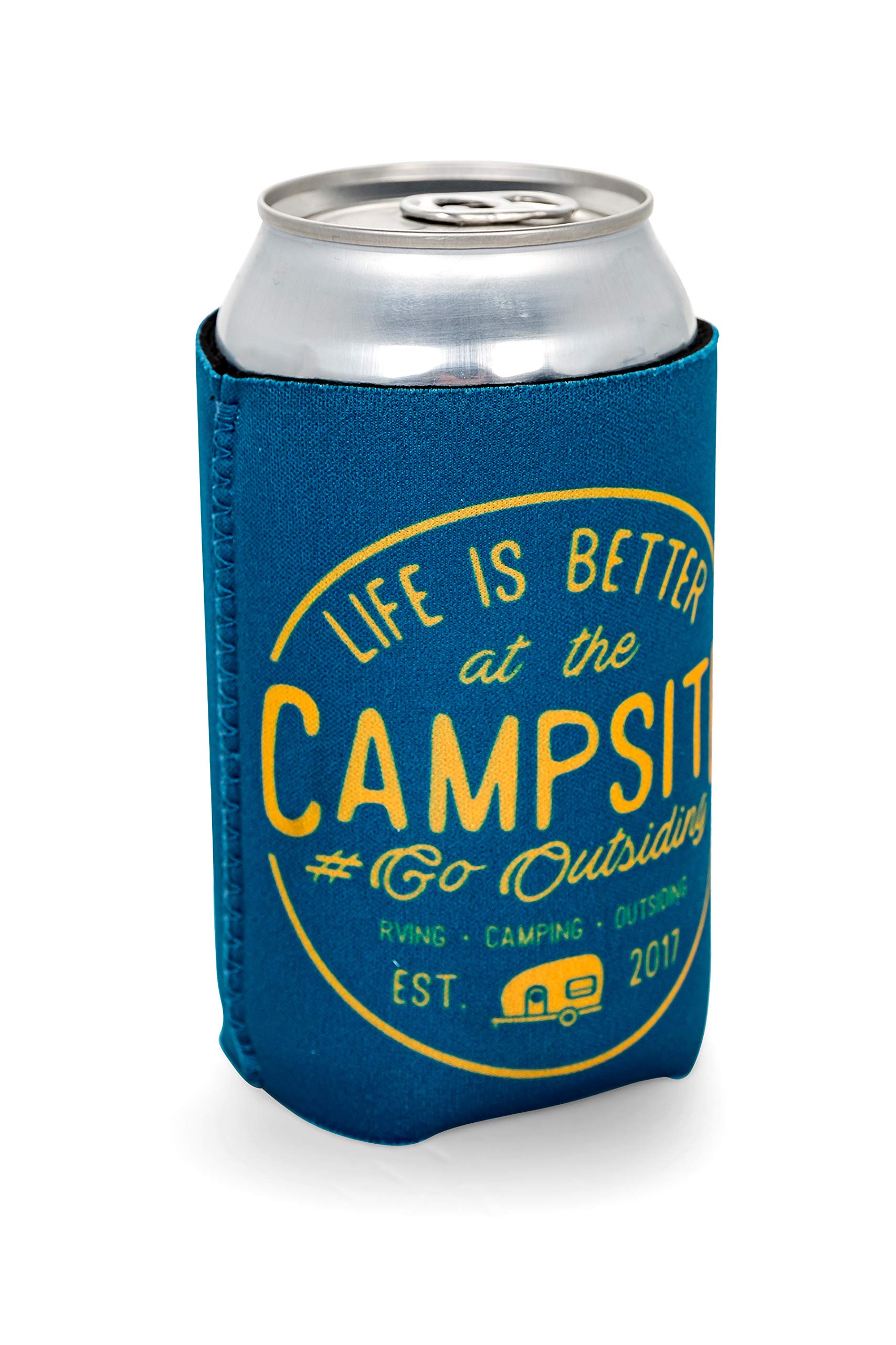 Camco Sleeve Life is Better at The Campsite – Neoprene Soda or Beer Coolie, Fits 12 oz. Cans, Navy Blue and Gold Seal – (53247)