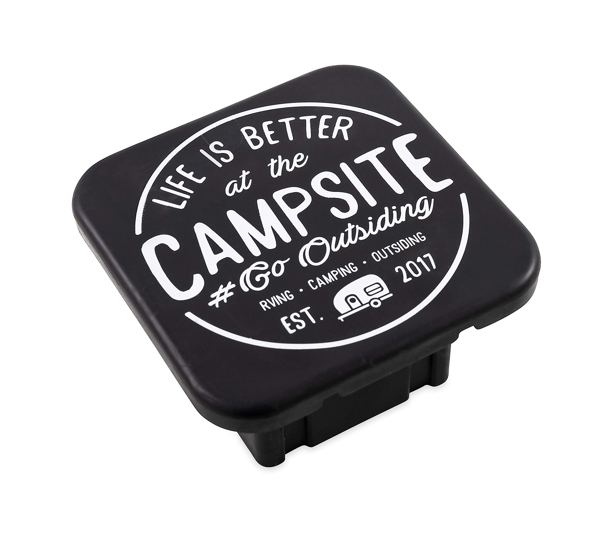 Hitch Receiver Cover Camco Life is Better at The Campsite | Protects Your Trailer Hitch Receiver from Debris, Dirt, Water and Rust | Life is Better at The Campsite Emblem, Black/Silver (53411)