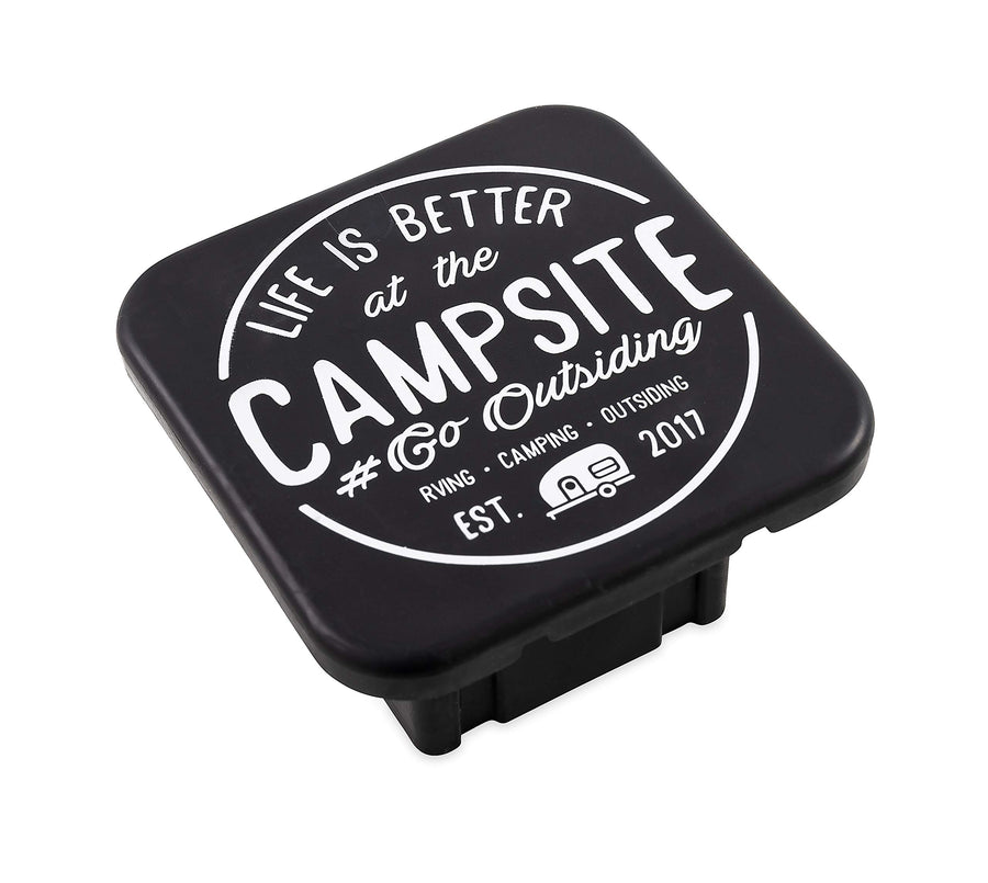 Hitch Receiver Cover Camco Life is Better at The Campsite | Protects Your Trailer Hitch Receiver from Debris, Dirt, Water and Rust | Life is Better at The Campsite Emblem, Black/Silver (53411)