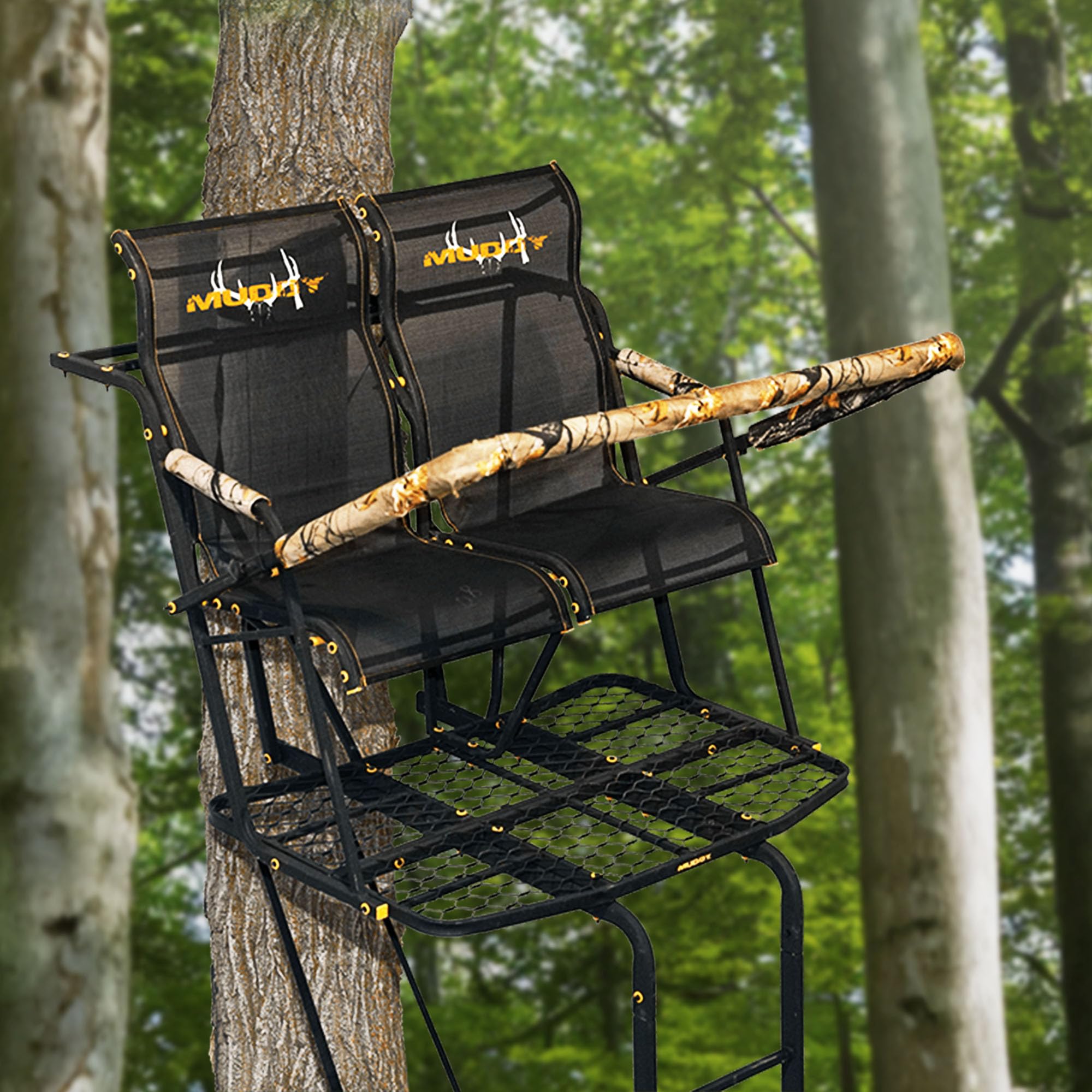 The Rebel MUDDY 2.5 Deer Hunting Ladderstand, 17 Foot 2 Person Climbing Tree Stand with Flex-Tek Seat, Armrests, Shooting Rail, & 45”W X 30”D Platform