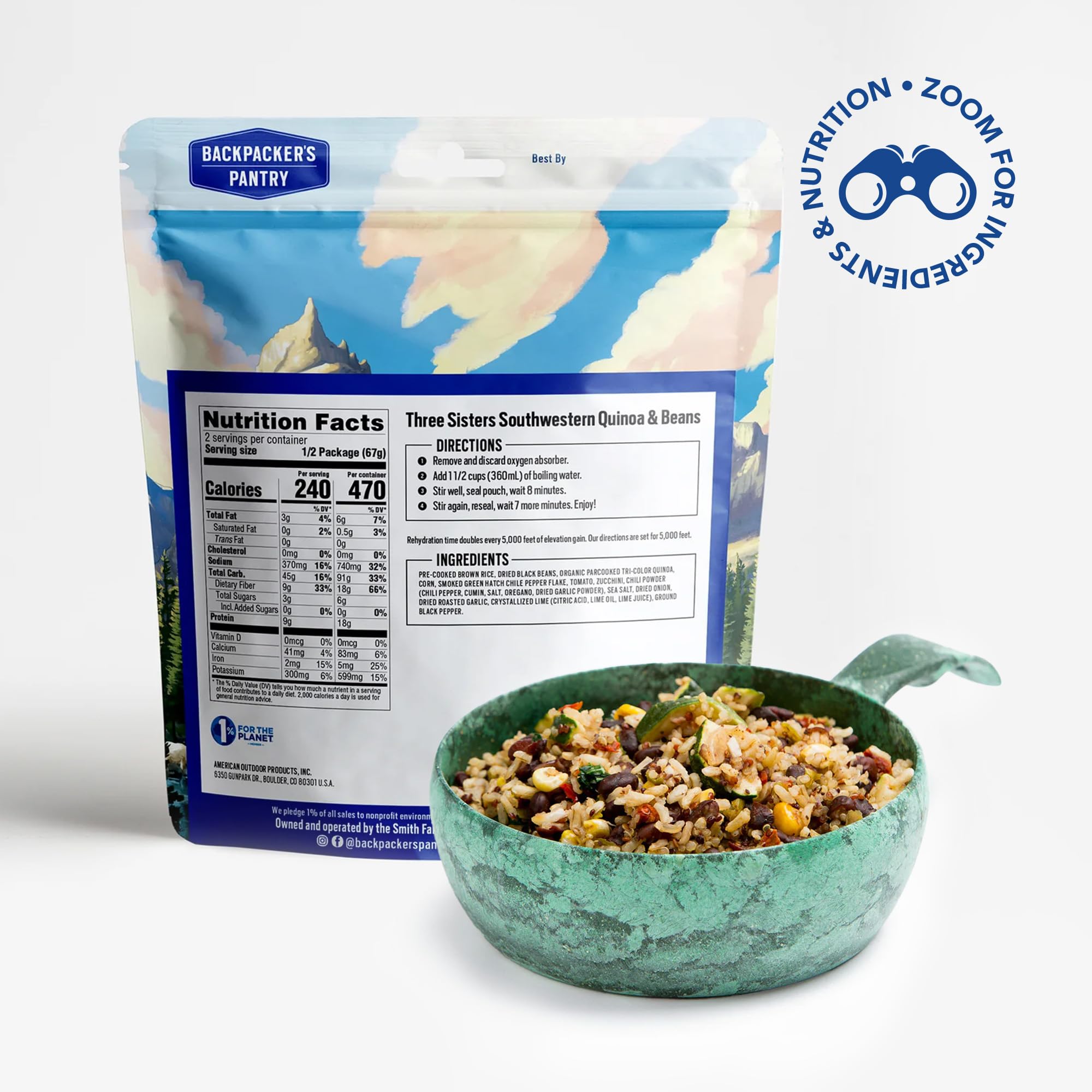 Three Sisters Quinoa and Beans, Backpacker's Pantry, 2 Servings Per Pouch, Freeze Dried Food, 14 Grams of Protein, Gluten Free, Vegan