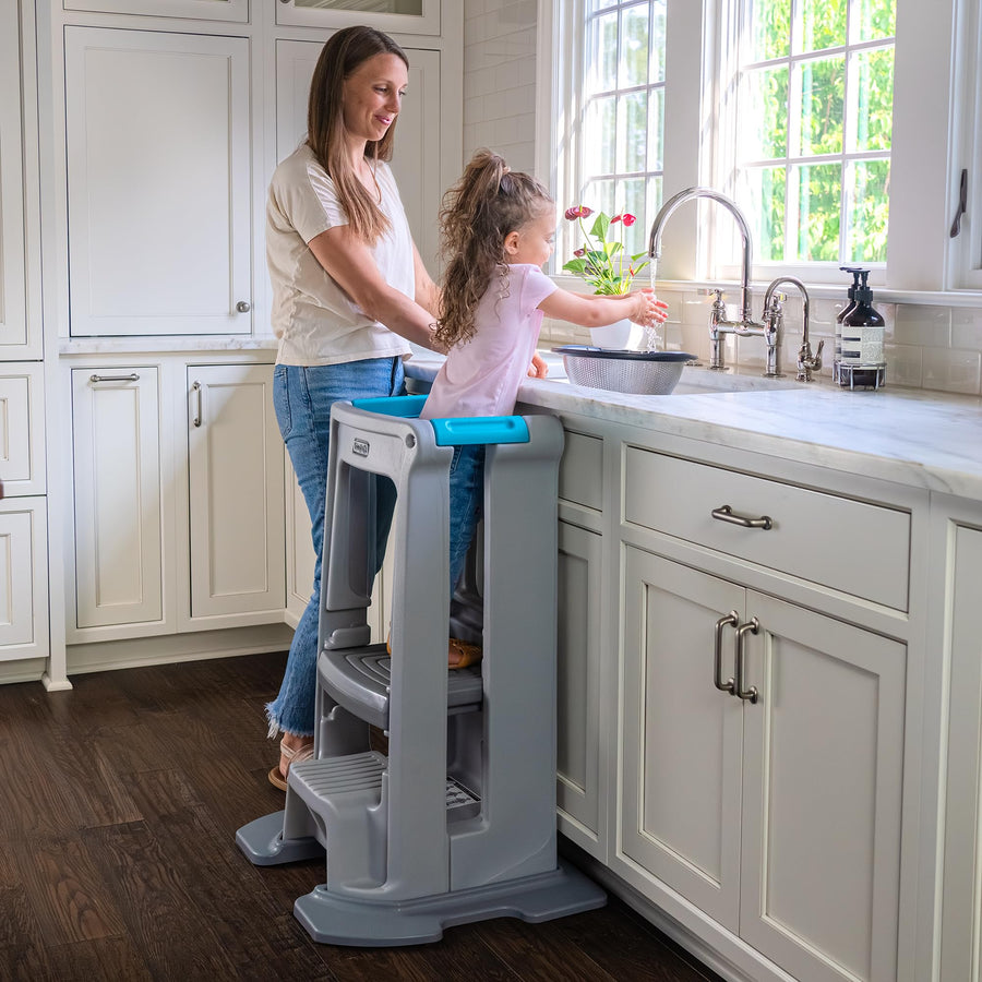 Simplay3 Montessori Toddler Tower Standing Kitchen Step Stool with Sturdy Stabilizing Base and Adjustable Platform, 20.5" D x 26" W x 34.5" H, Ages 18 Months to 5 Years, Gray
