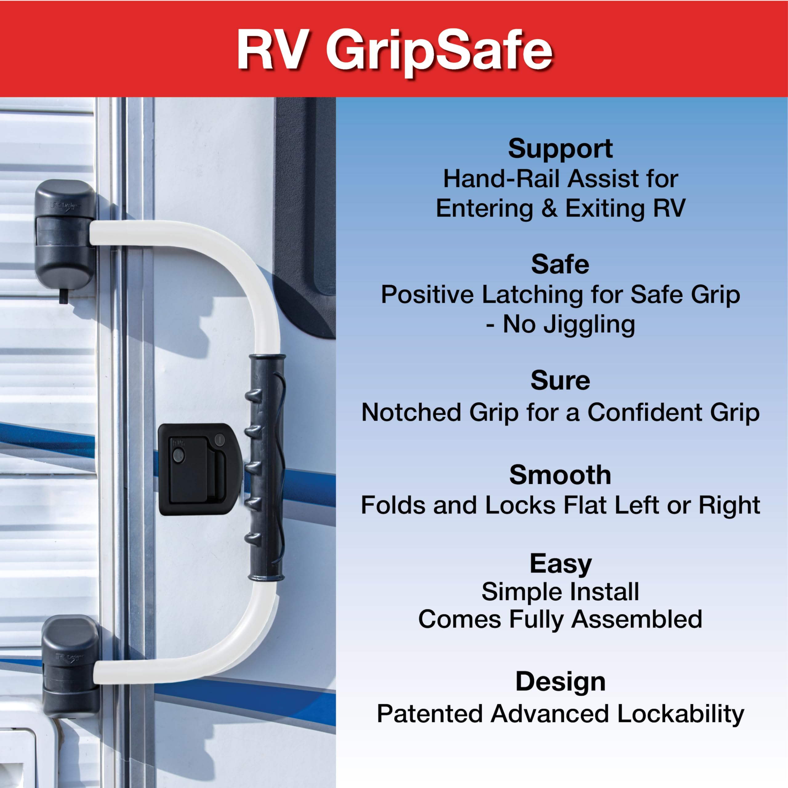 GripSafe Handrail Assist RV Designer R122 - Locking Folding Aluminum Grab Handle with Notched Grip - Safe Entry Assist for RV Door - Easy Installation, 22 Inch, White