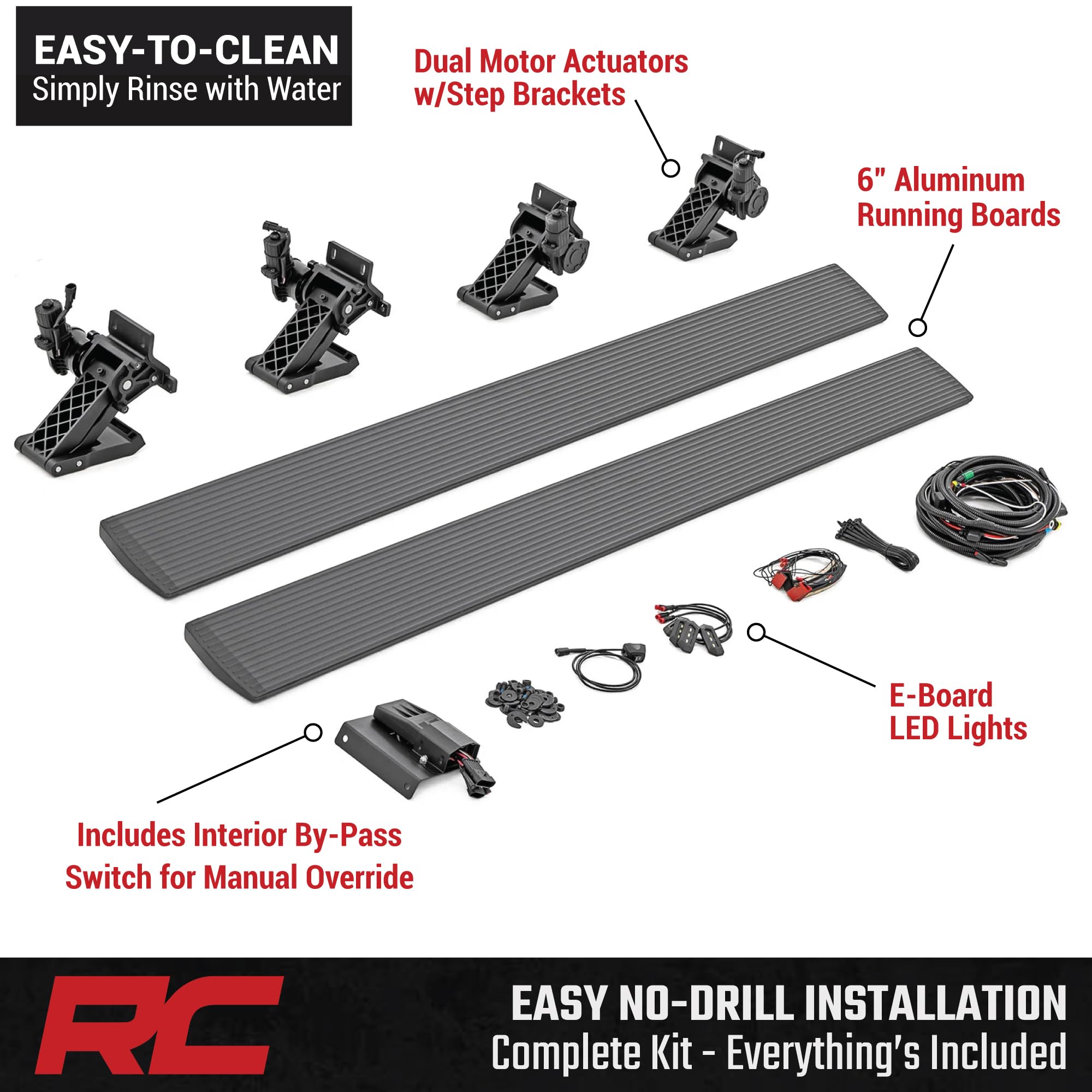 Rough Country Power Running Boards with LED Step Lights for Crew Cab Ford F-150 Lightning/F-250/F-350/Raptor (2015-2026) - Retractable Electric Side Steps, Non-Slip Aluminum Design