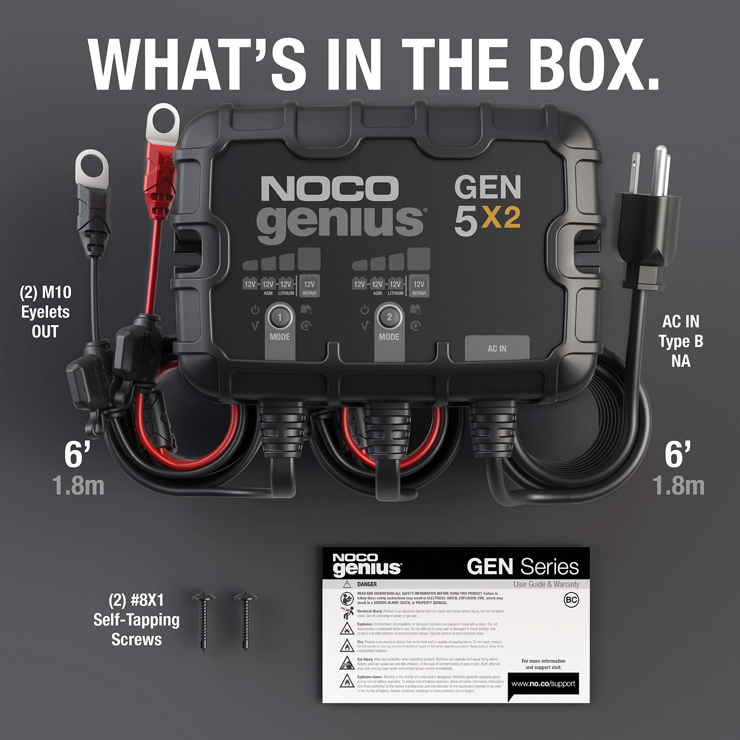 GEN5X2 NOCO Genius: 2-Bank, 10A Onboard Battery Charger - 5A Per Bank, 12V Waterproof Marine Charger with Overcharge Protection & Temperature Compensation – for Lead-Acid & Lithium Batteries