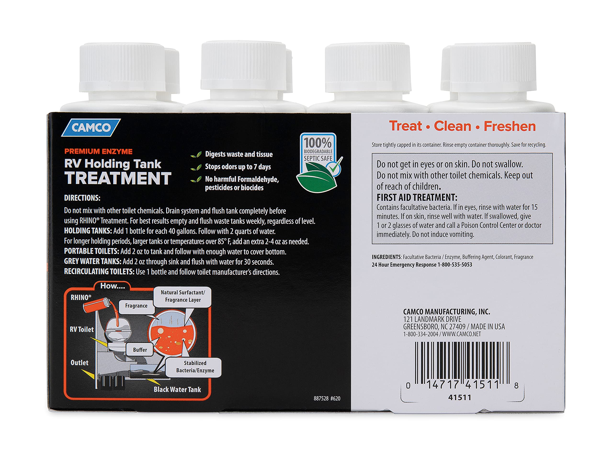 RhinoFLEX Camco Premium Enzyme RV Holding Tank Treatment Singles | Features a Biodegradable Septic Safe Formula, a Pine Scent, and is Ideal for RVing, Boating, and More | (8) 4 oz Bottles (41511)