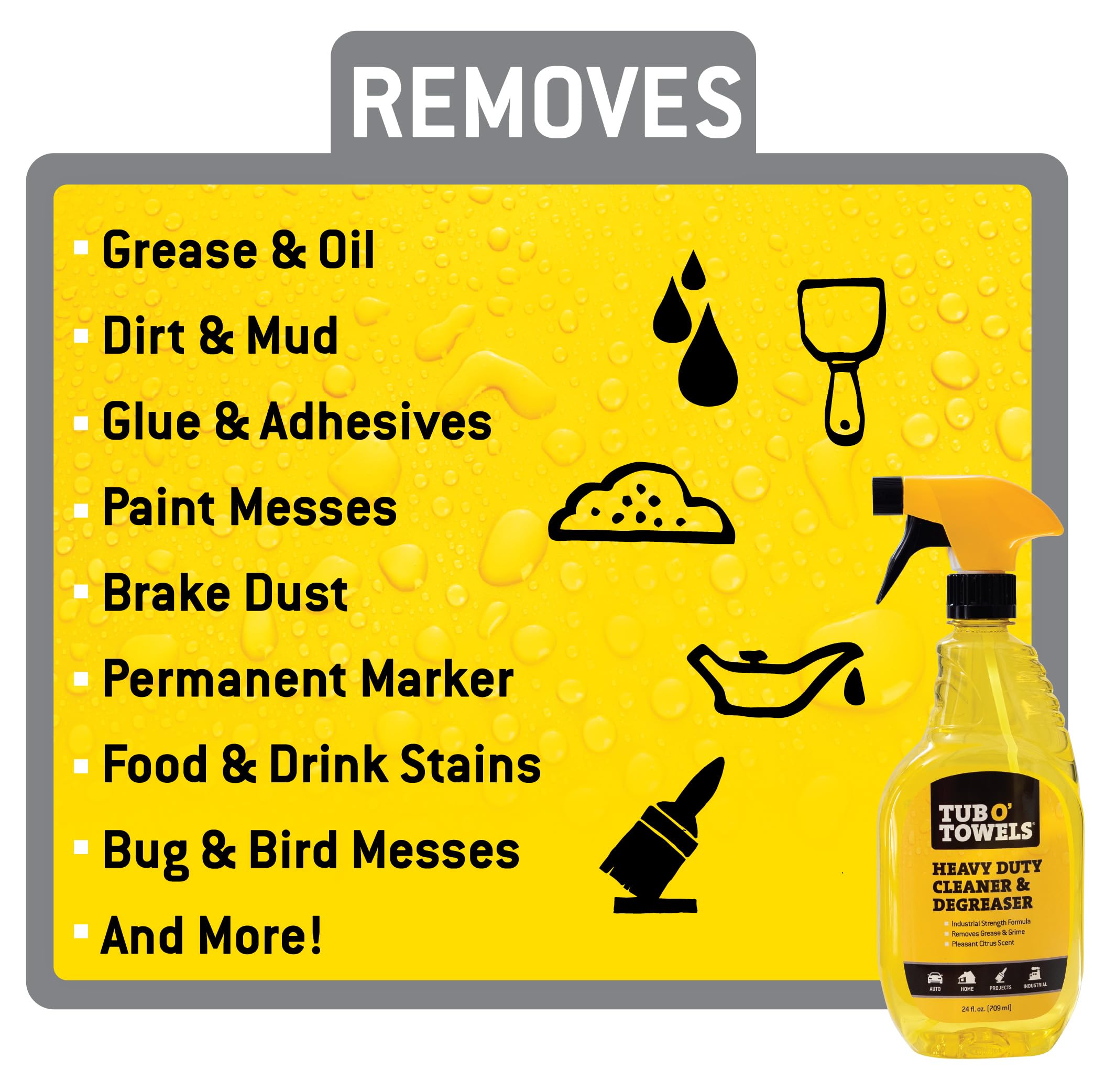 Heavy Duty Tub O' Towels Cleaner and Degreaser Spray Helps in Removing Oil Tar Paint Dirt Caulk Grease Grime Gunk Epoxies, Industrial Strength, Home & Auto, Made In USA, Citrus Scent, 1 Gallon
