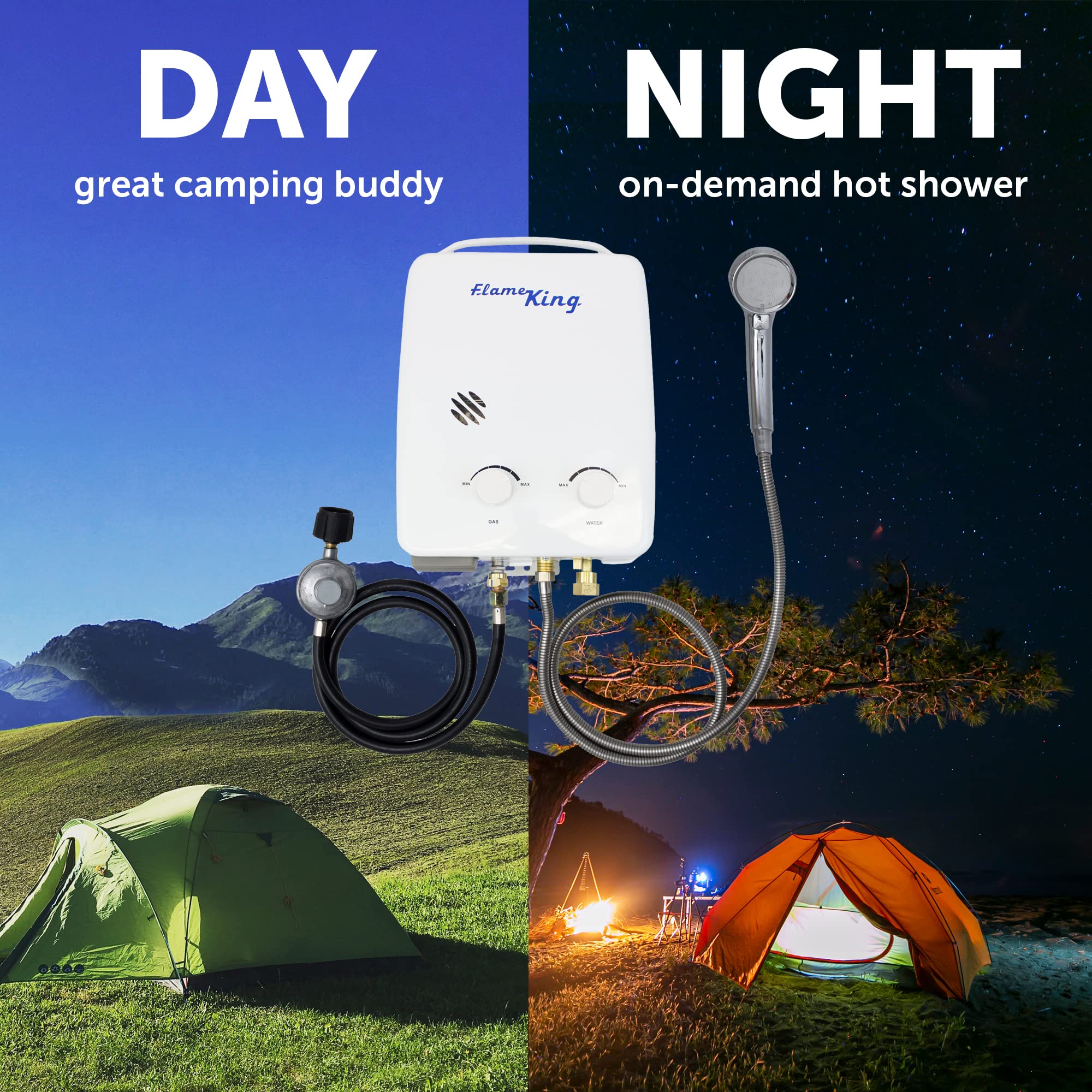 Flame King Portable Tankless Water Heater YSNAZ132 Propane Gas 5L 1.32GPM at 34,000 BTU, Outdoor Instant Hot Water Shower for RV, Camping, Farm, Cabins