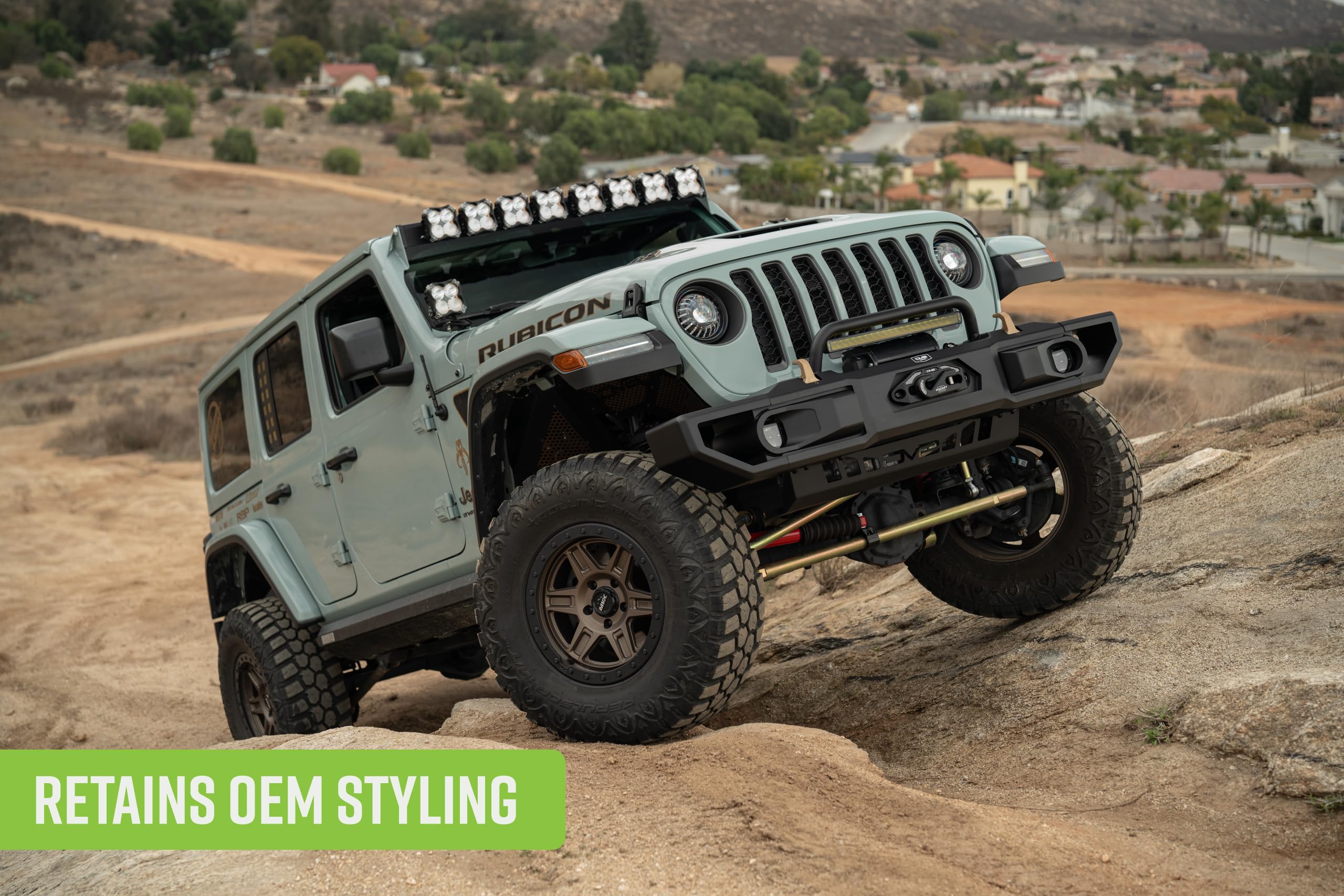 DV8 Offroad Front Bumper OE Plus for 2018-2025 Jeep Wrangler JL & 2020-2025 Gladiator JT | Retains OEM Styling | Recessed Winch Mount | (2) Fog Light or Pod Light Mounts | Removable Wings | Bull Bar