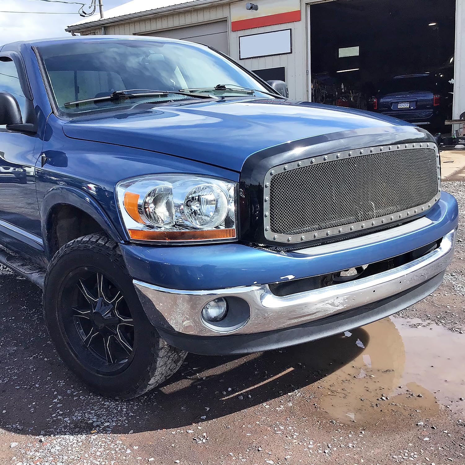 Glossy Black SPEC-D TUNING Rivet Bolt Mesh Style Front Hood Grille w/Shell Compatible with 2002-2005 Dodge Ram 1500, 2003-2005 Dodge Ram 2500 3500