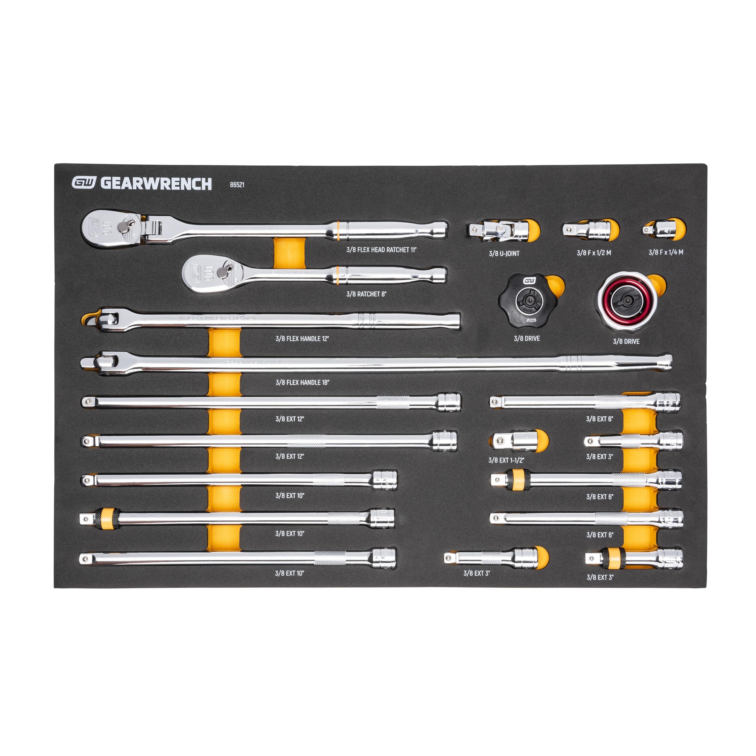 90T GEARWRENCH 21 Piece 3/8" Ratchet & Drive Tool Set with EVA Foam Tray - 86521