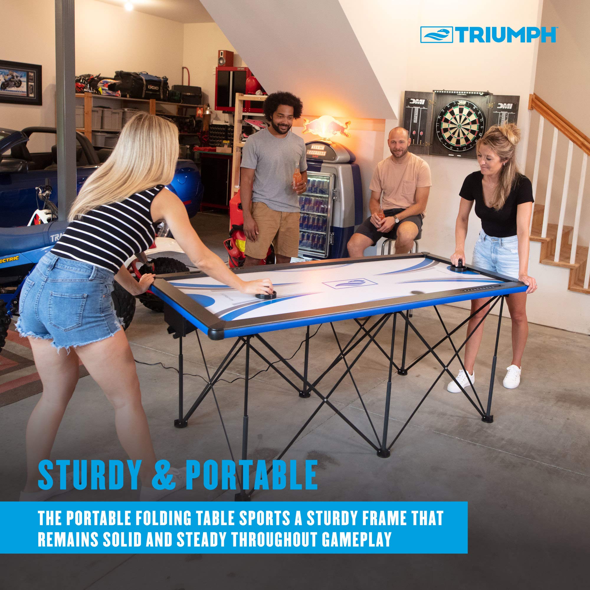 Portable Triumph Sports 6’ Pop Up Folding Air Hockey Table with Folding Legs, Instant Assembly and Accessories Included